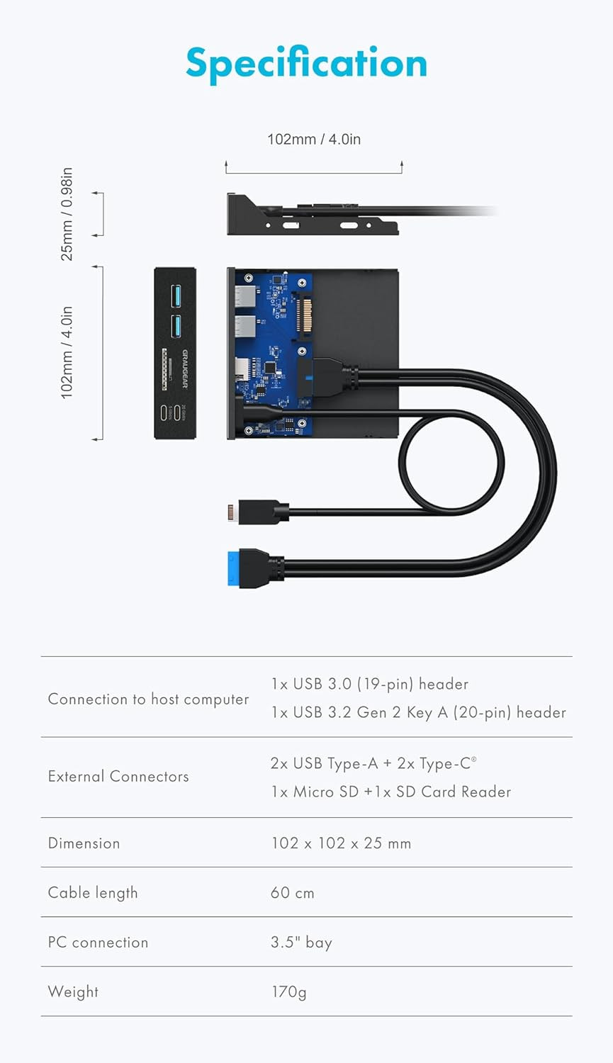 3.5 Inch Front Panel USB C Hub, Sd/Microsd Internal Card Reader