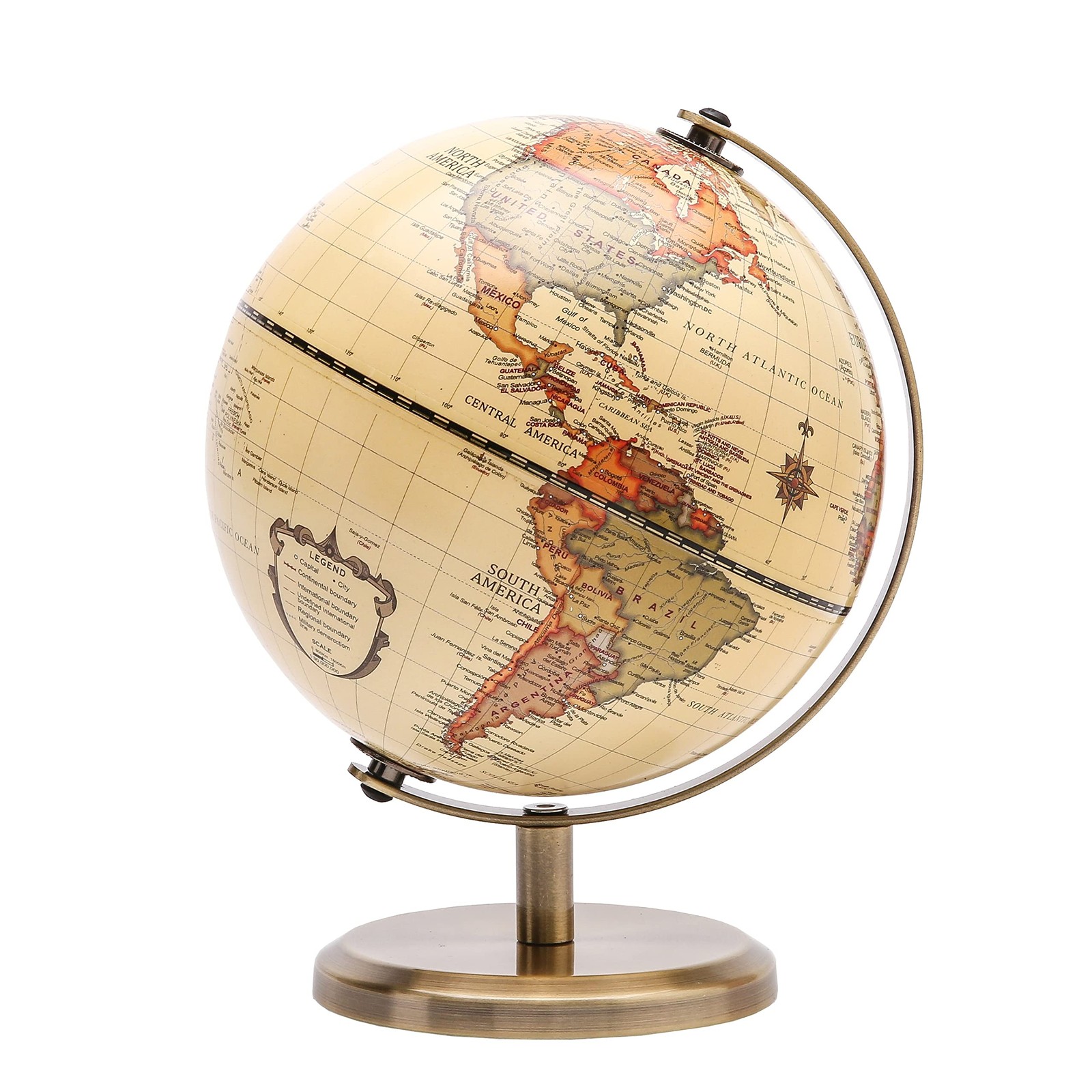 TOPGLOBE 5.5 Inches Antique World Globe Rotating Bronzed Metal Desk Stand