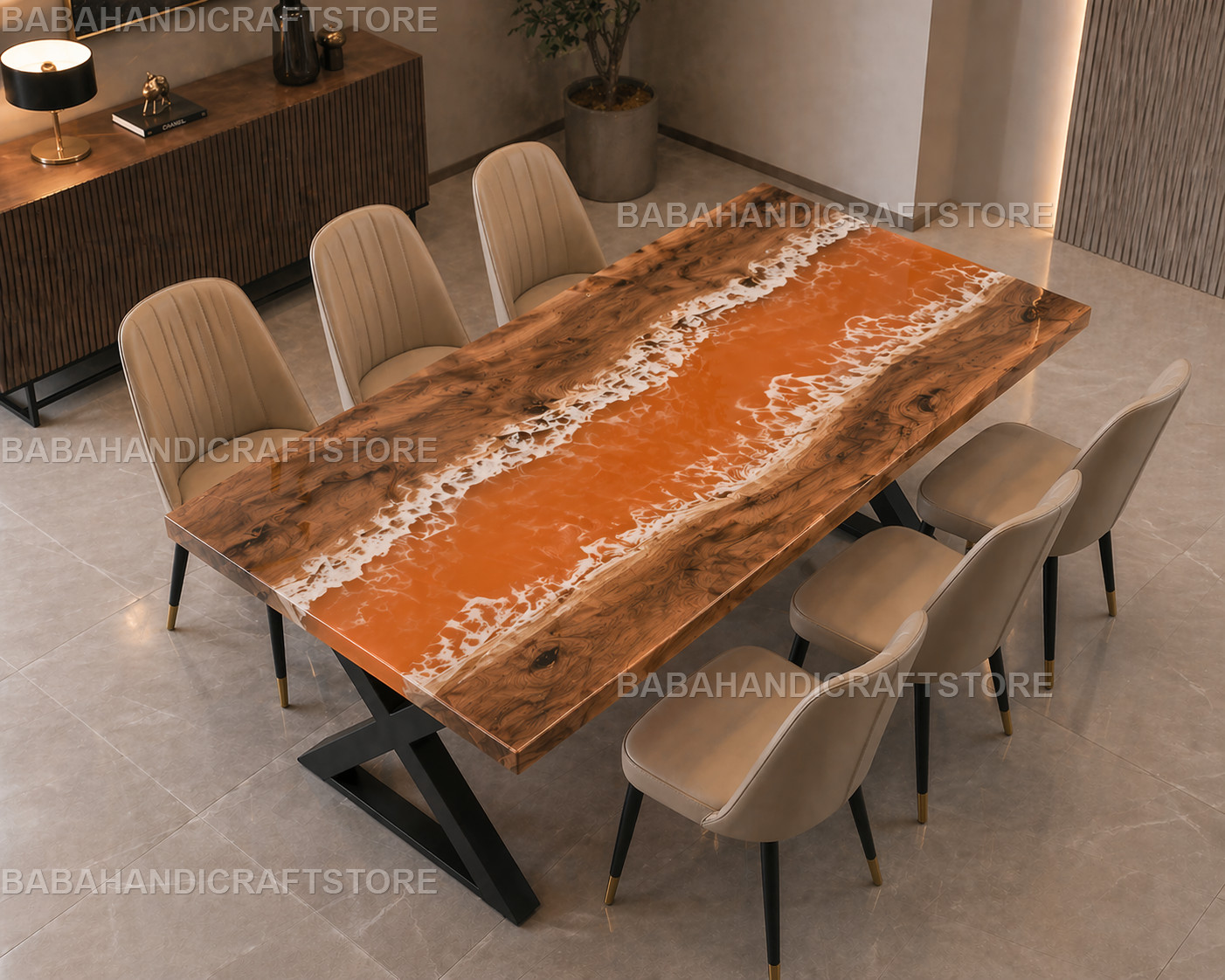 Handmade Orange Resin River Table | Live Edge Dining Table | Mid Century Modern