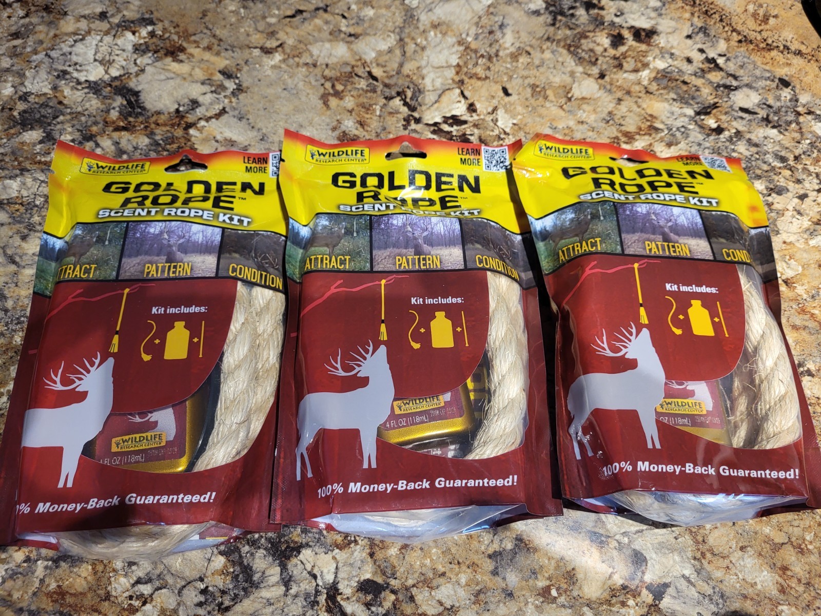 Lot of 3 Wildlife Research Center Golden Rope Kit- 4oz Scent, Rope, and Tie New