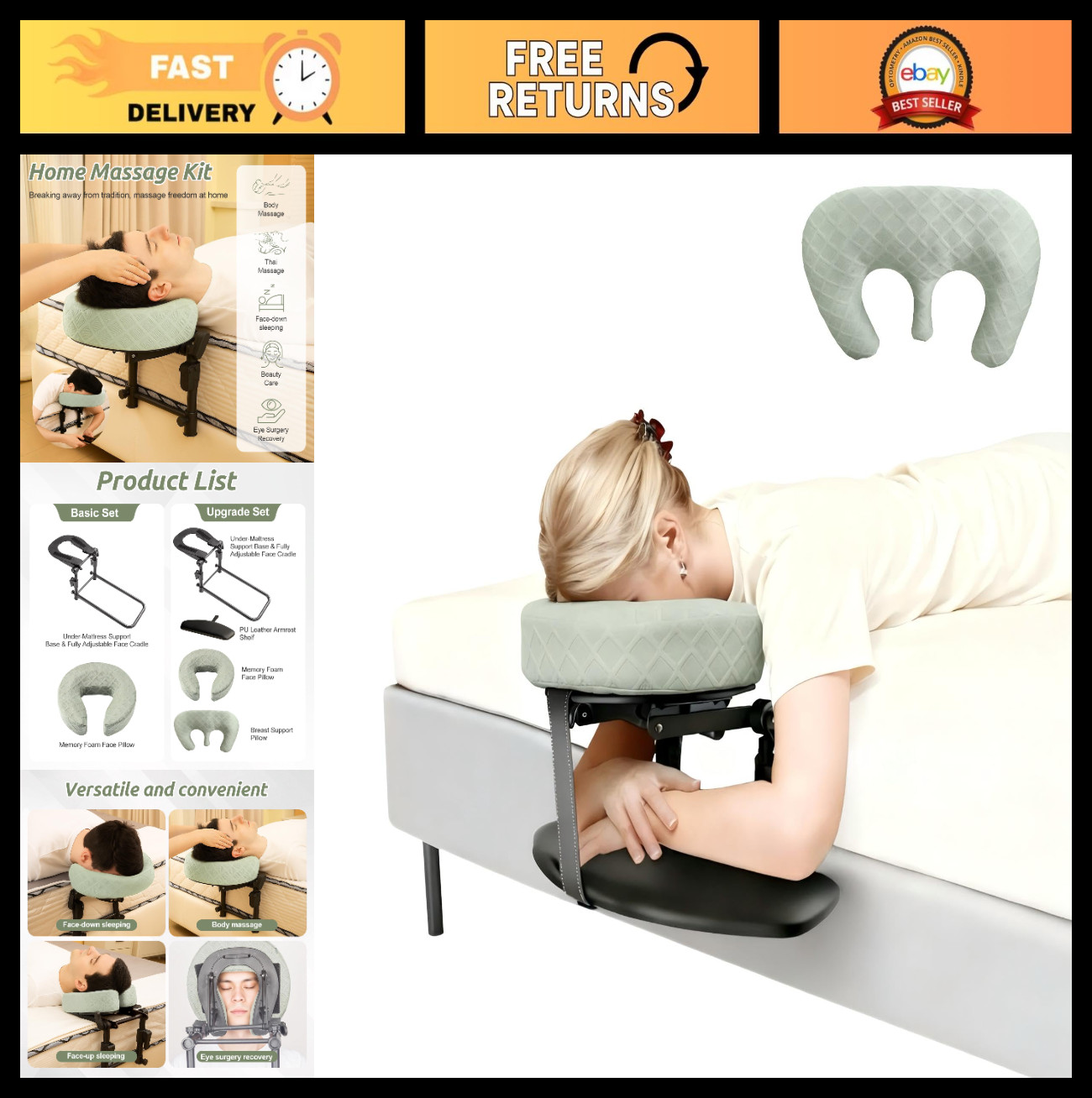 Adjustable Massage Headrest for Bed, Portable Face Cradle & Armrest Shelf, Pillo