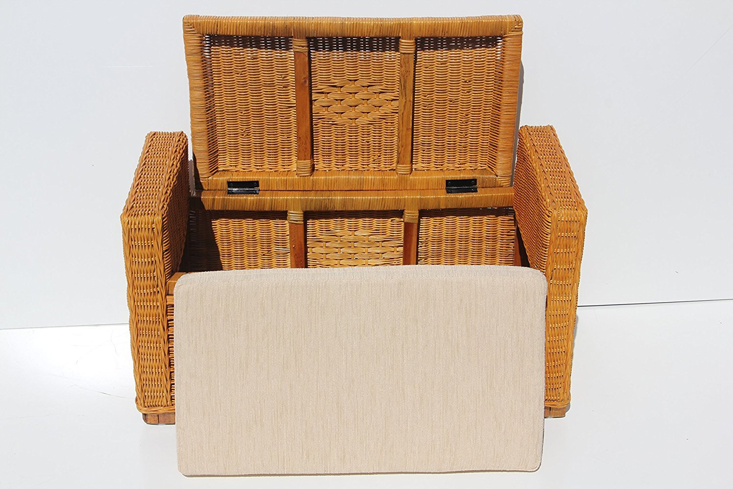 Handmade Rectangular Chest Ottoman Bruno Rattan Wicker w/ Cushion 32", Cognac