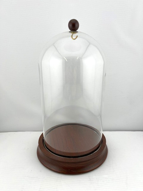Glass Display Dome w/Metal Hook & Wood Base Pocket Watch/Ornament- glass 7" x 4"