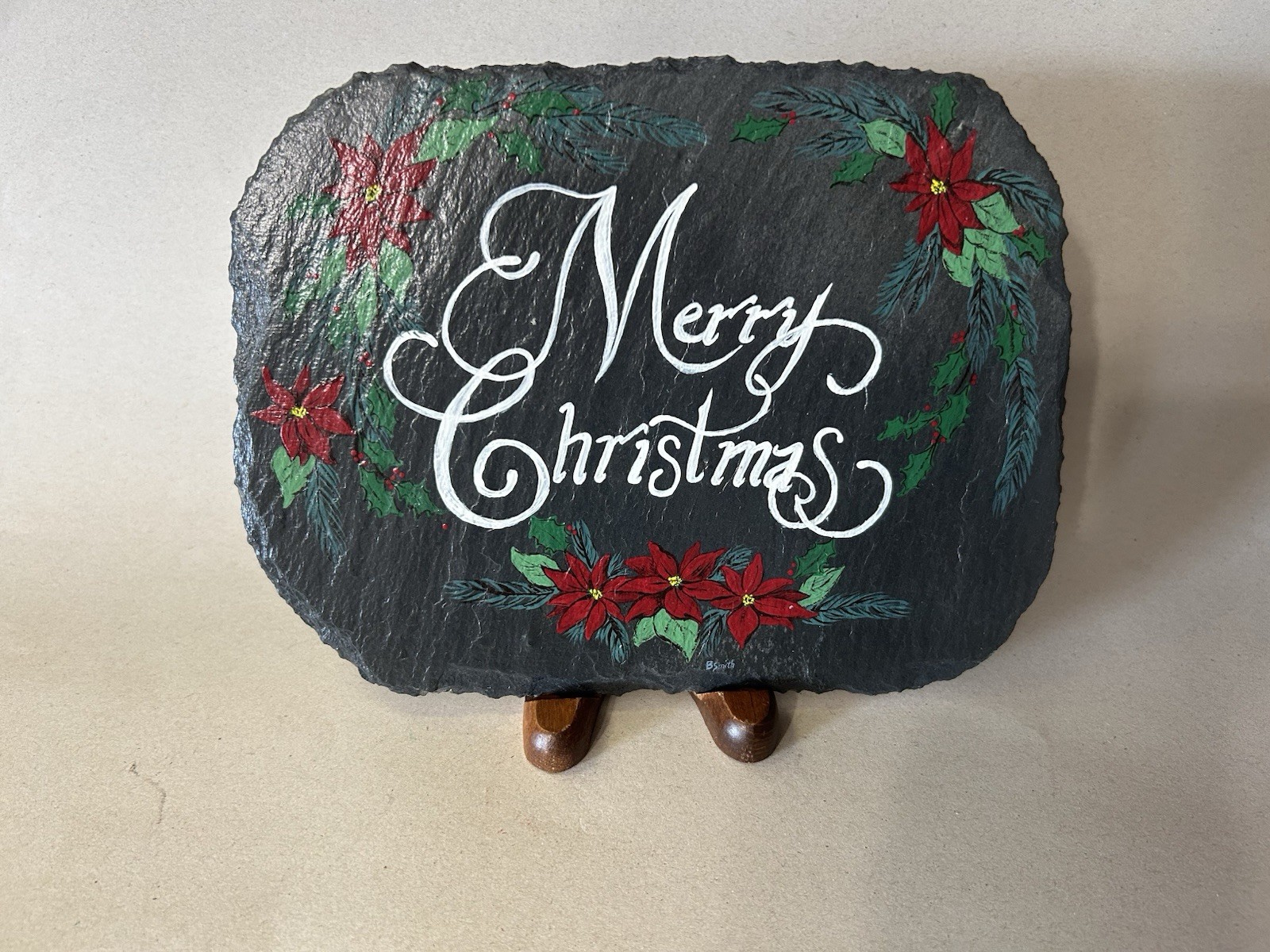 Hand-painted Slate Poinsettias Merry Christmas Sign Decor 9.5” High x 7.25” Wide