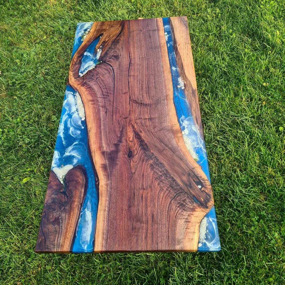 Blue Epoxy River Table – Handmade Live Edge Resin Dining or Office Table