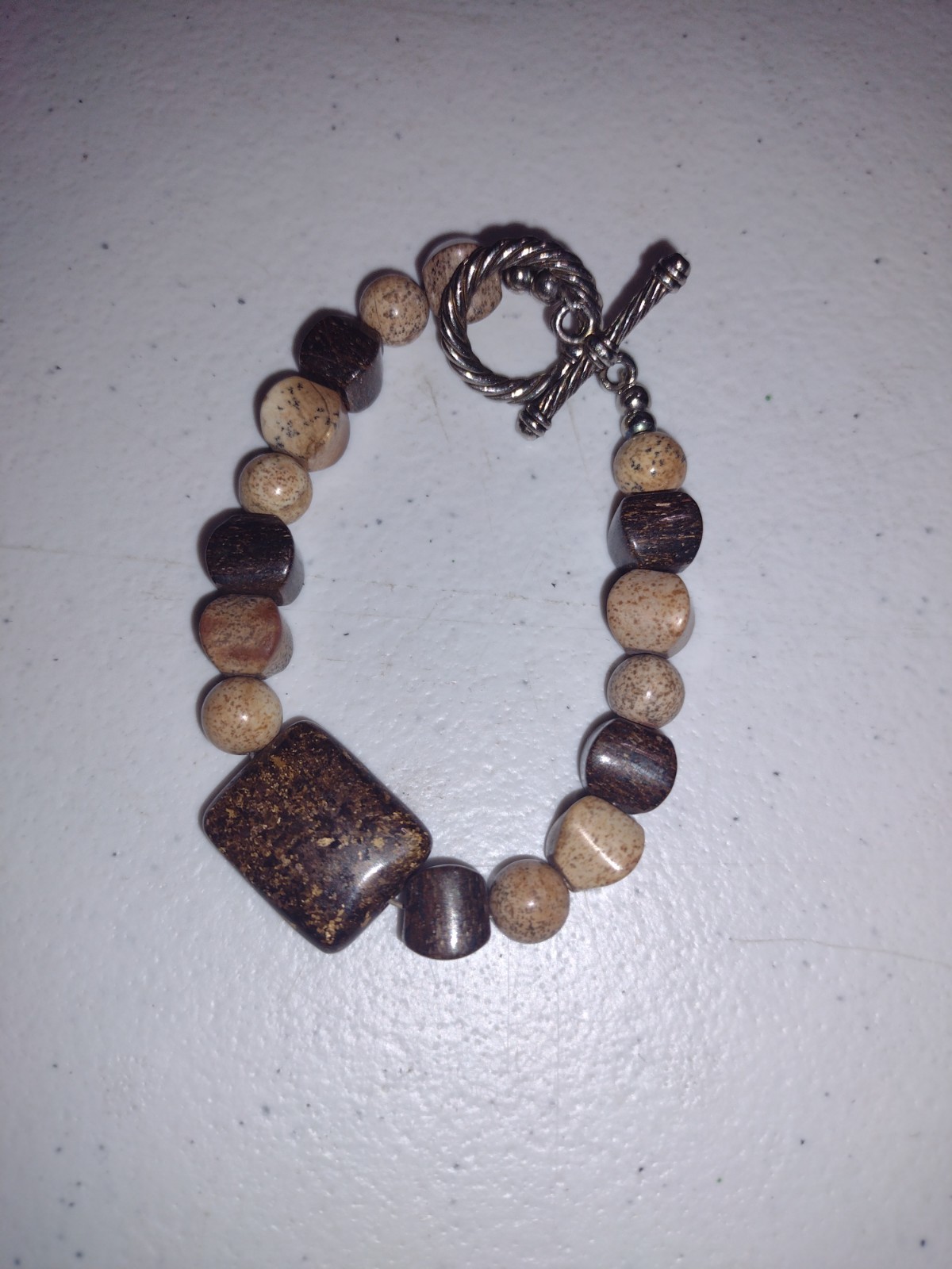 Artisan Picture Jasper -Natural Stone Beaded Bracelet with Pewter Rope Toggle 8"