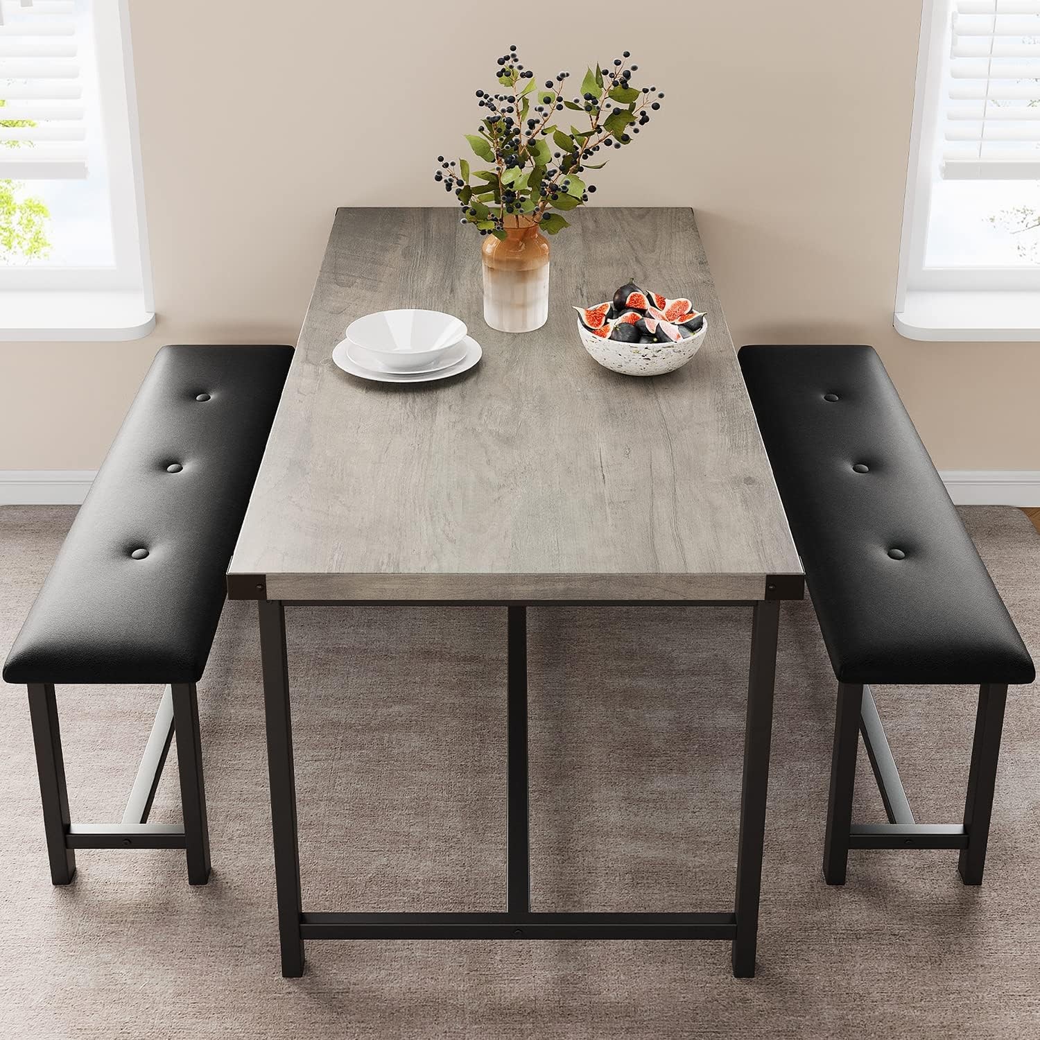 Black Dining Set Kitchen Room Table Set Dining Table and 2 Leather Benches Grey