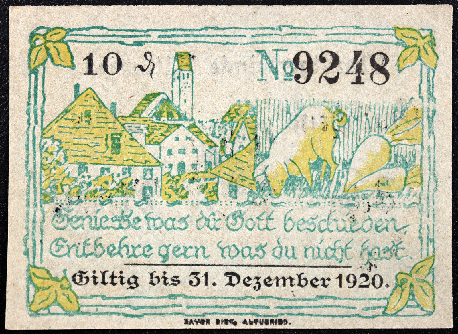 ALTUSRIED exp. 1920 "Delight in Doing Without" 10 Pfennig German Notgeld Pig