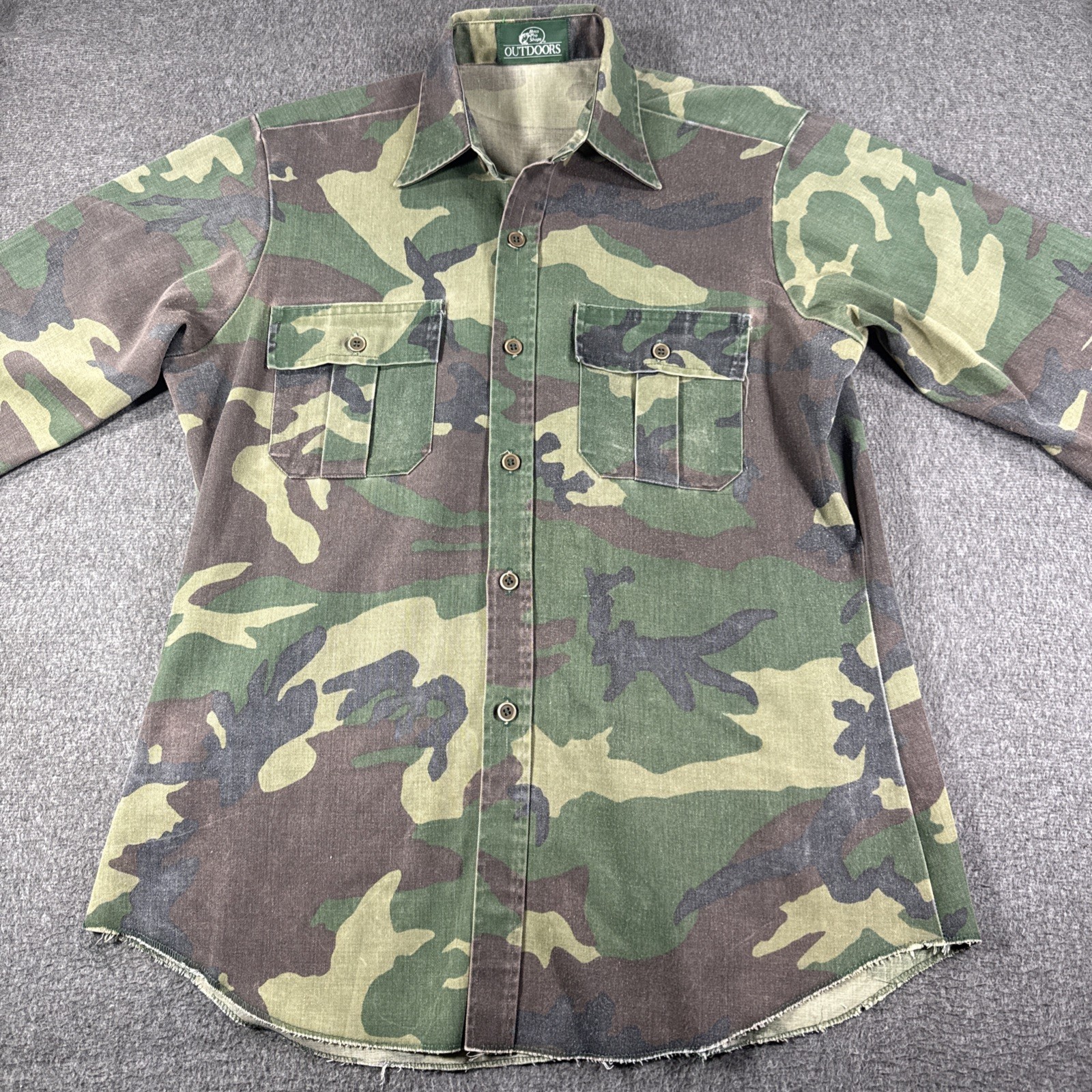 Vintage 1980s Camouflage Mens L Shirt Woodland Camo Bass Pro Shops Hunting Hike