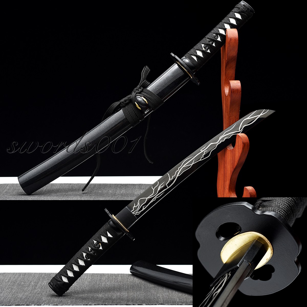 Carbon Steel Self Defense Black Tanto Dagger Japanese Sword Lightning Pattern