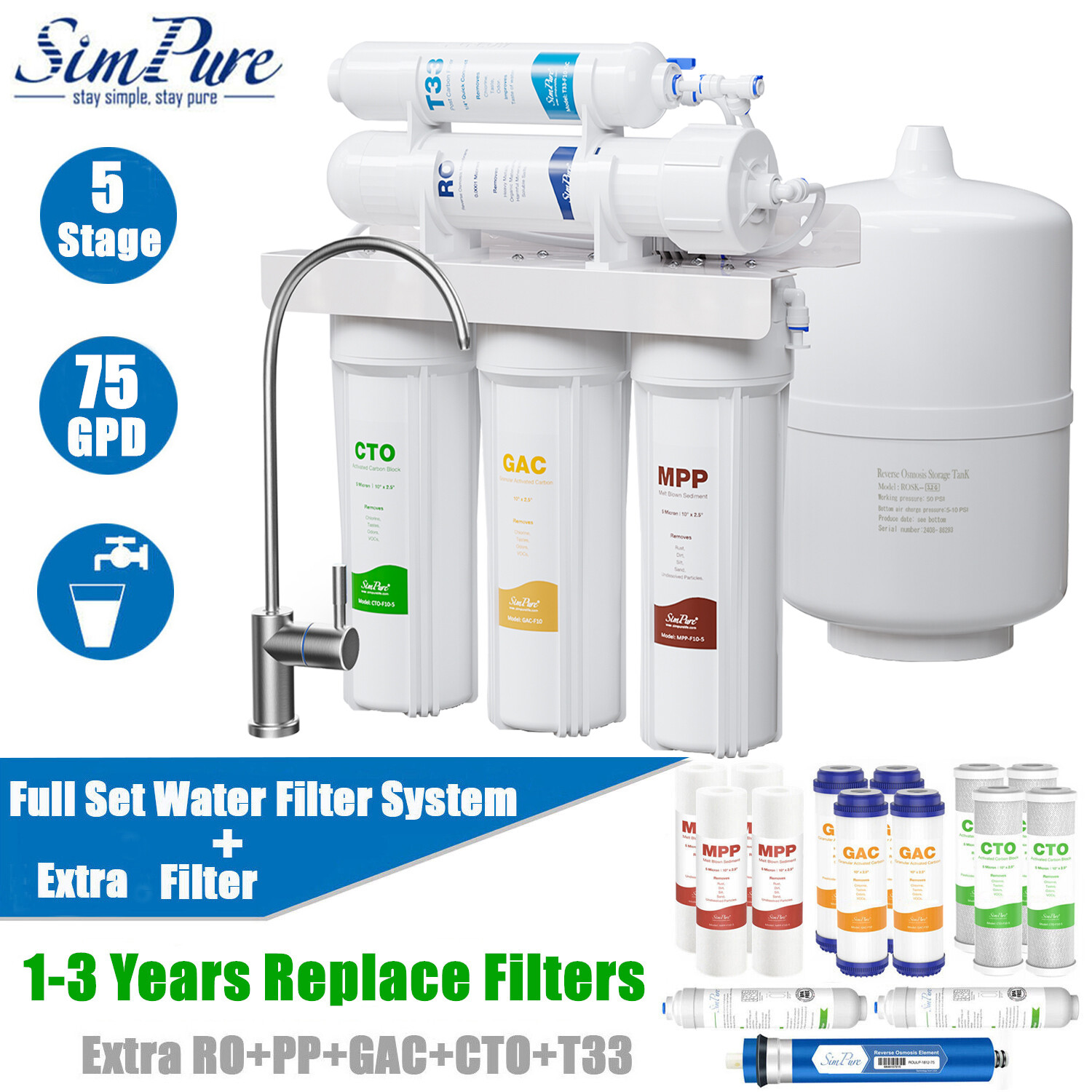 SimPure 75 GPD 5 Stage RO Reverse Osmosis System Home Drinking Water Filtration