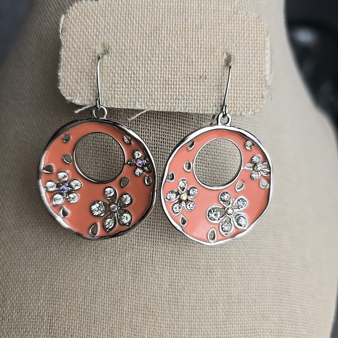 Pink Enamel Earrings Rhinestone Daisies