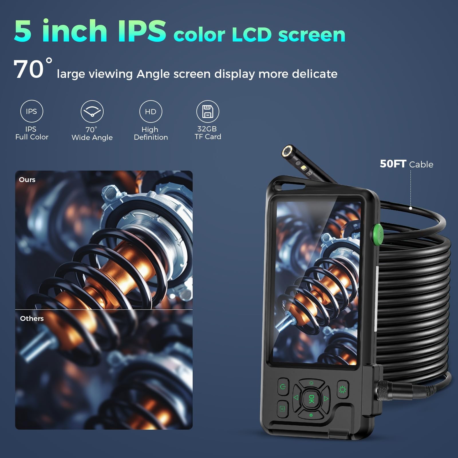 Triple Lens 1080P Borescope with 50FT Semi-Rigid Cable, 5" IPS Screen Endoscope
