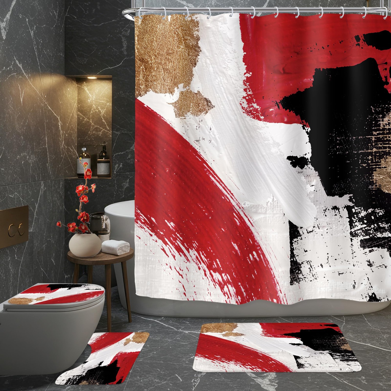 Red Black Gold 4Pcs Bathroom Shower Curtain Sets Abstract Modern Bathroom Dec...