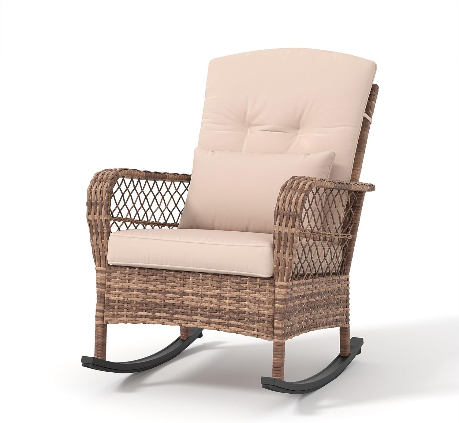 Outdoor Wicker Rocking Chair with Thick Cushions, Rattan Patio Chairs with Lumba