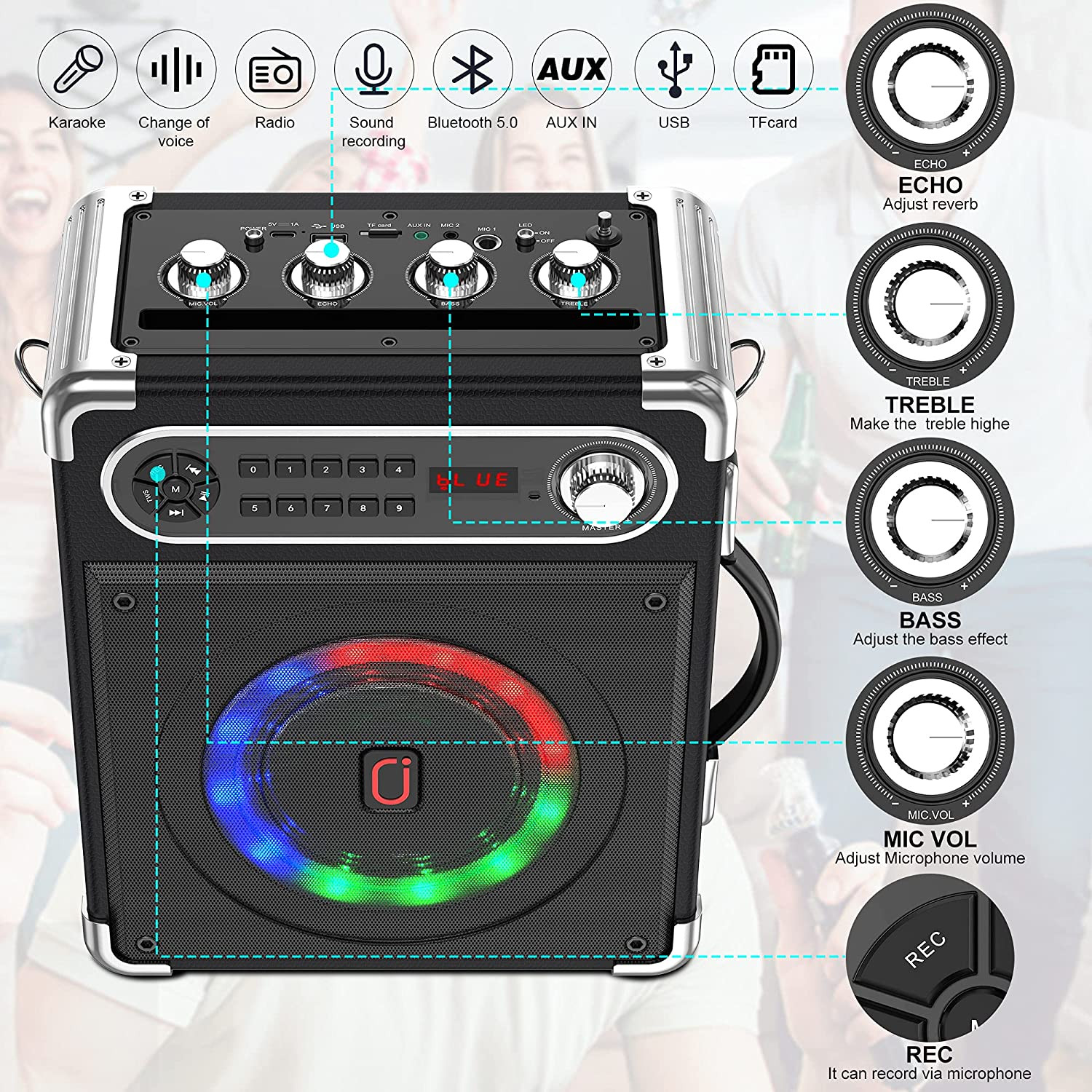 Karaoke Machine with Two Wireless Microphones, Portable Bluetooth Speaker with B