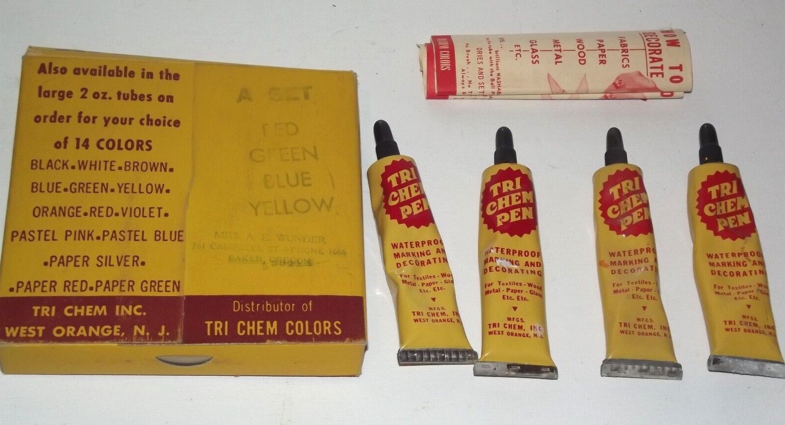 Vintage TRI CHEM Embroidery Liquid Ball Point Paint Box  4 Tubes pamphlet B48