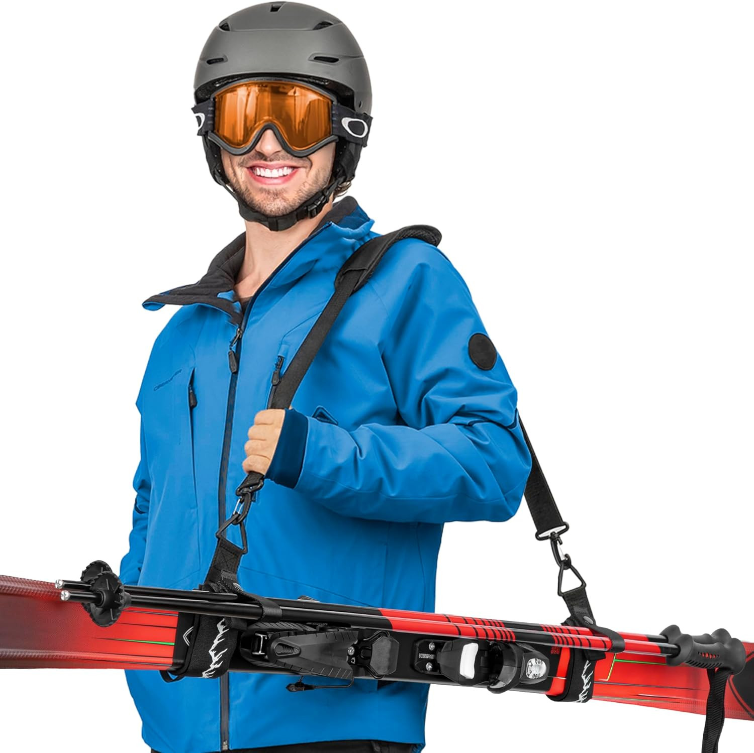 Ski Strap & Pole Carrier - Black - Adjustable Shoulder Strap to Carry Skis & Pol