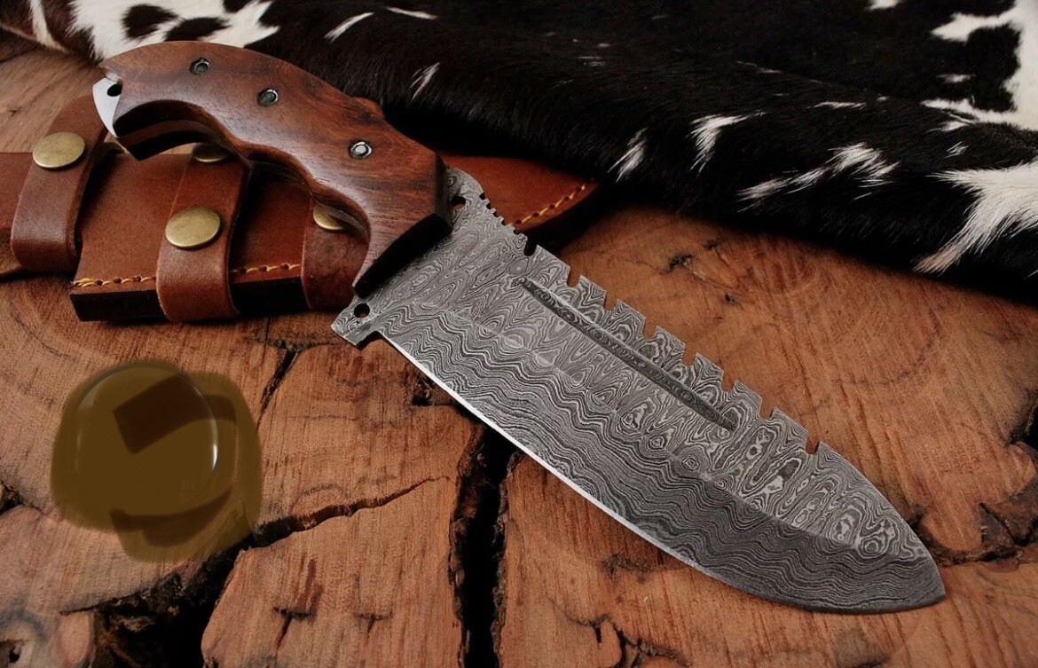 DAMASCUS STEEL KNIFE CAMPING HUNTING SURVIVAL OUTDOOR RESCUE WOOD HANDLE 10”