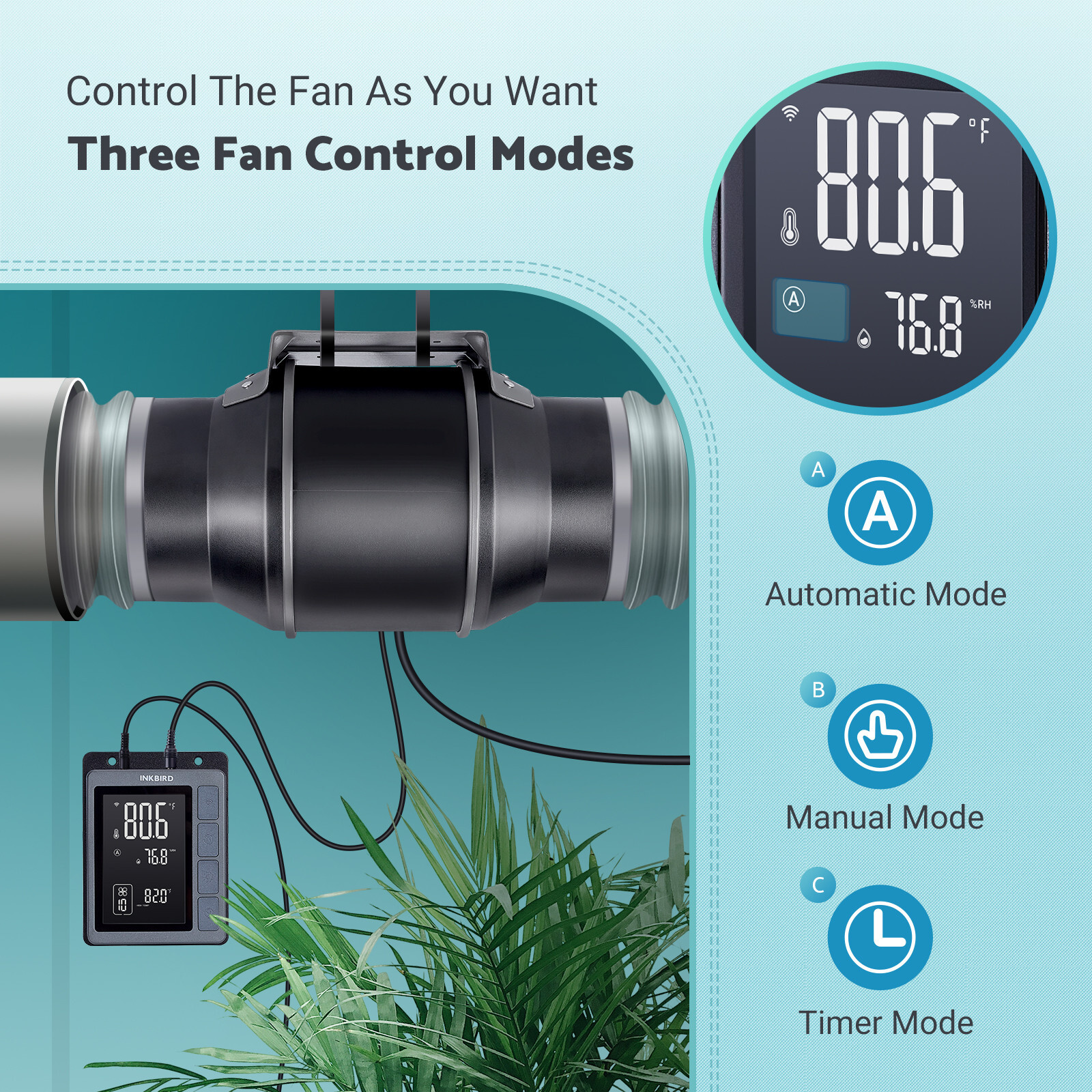 INKBIRD 6" Duct Fans Grow Tent Ventilation Exhaust Duct Fan Temperature Humidity