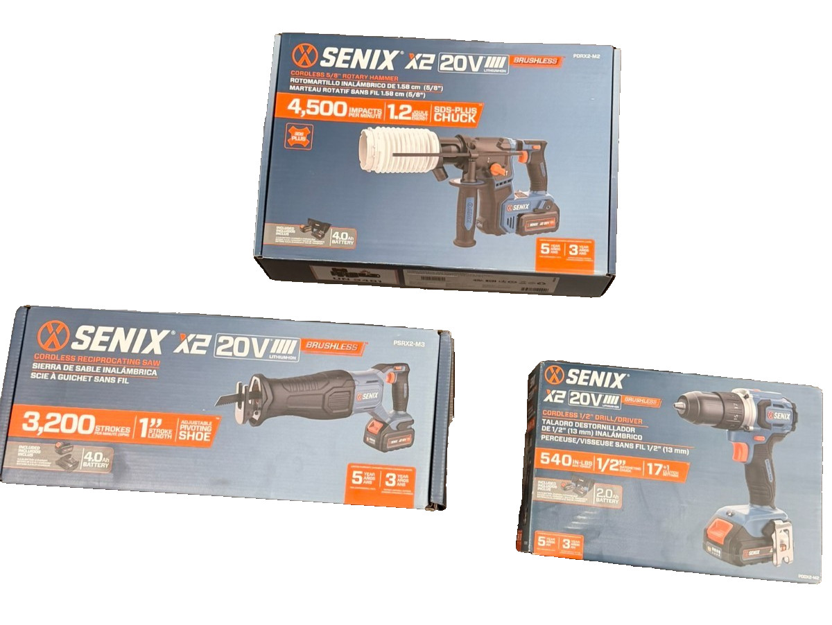 Senix 20V Max Brushless 3 Tool Kit Reciprocating Saw Rotary Hammer Drill Driver