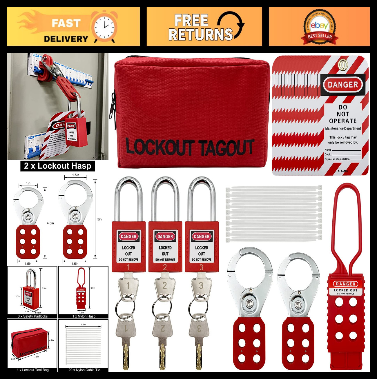 Electrical Lockout Tagout Kit - Group Lockout Hasps, Safety Padlocks, Tags & Tie