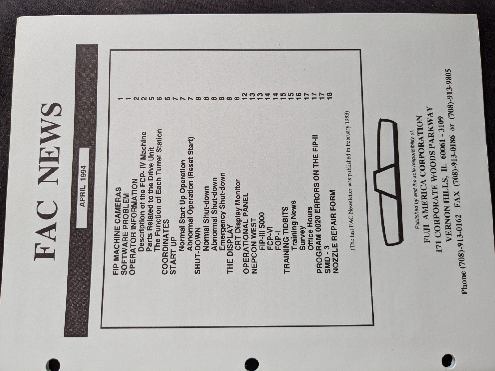 1994 Fuji America Corporation News Letter - April