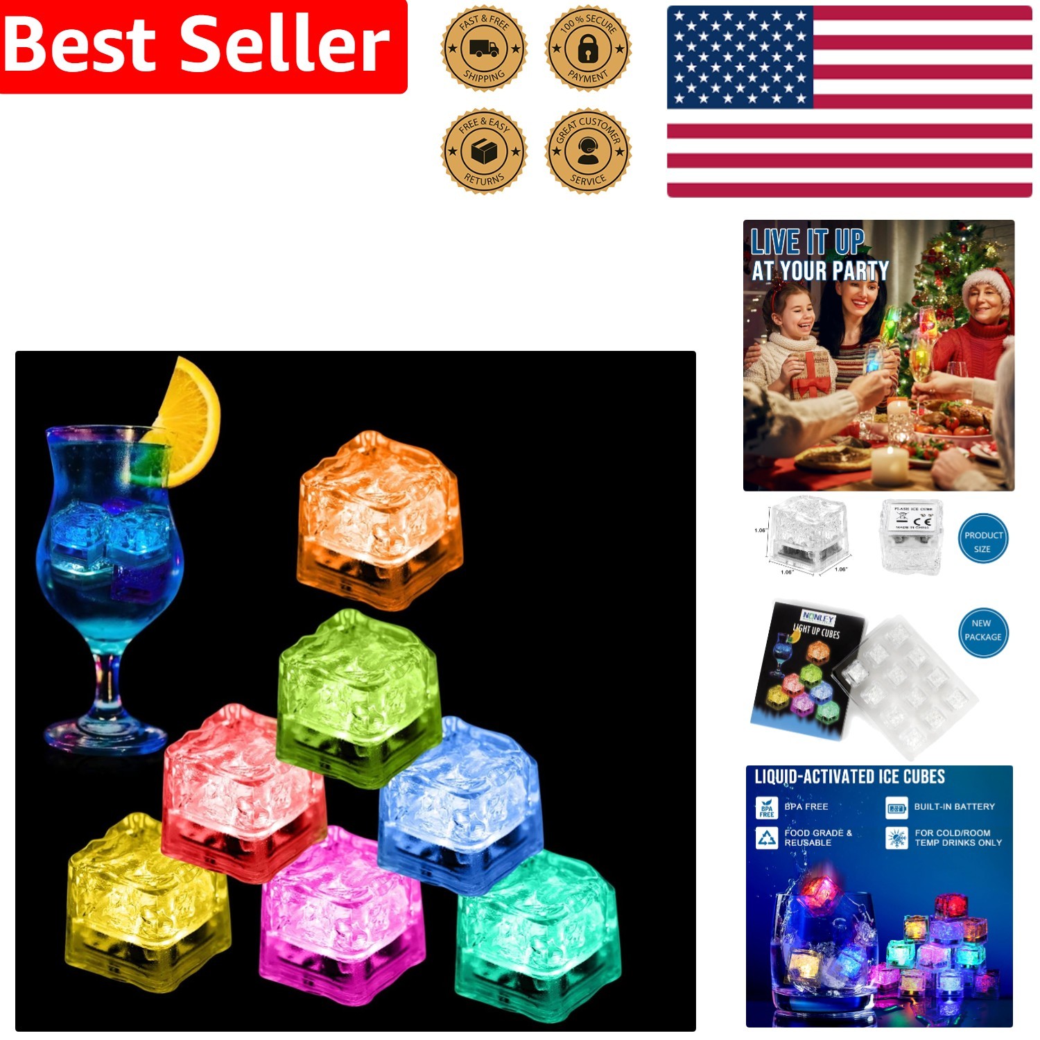 Multi-Color LED Ice Cubes - Safe, Waterproof & Essential For Weddings & Events