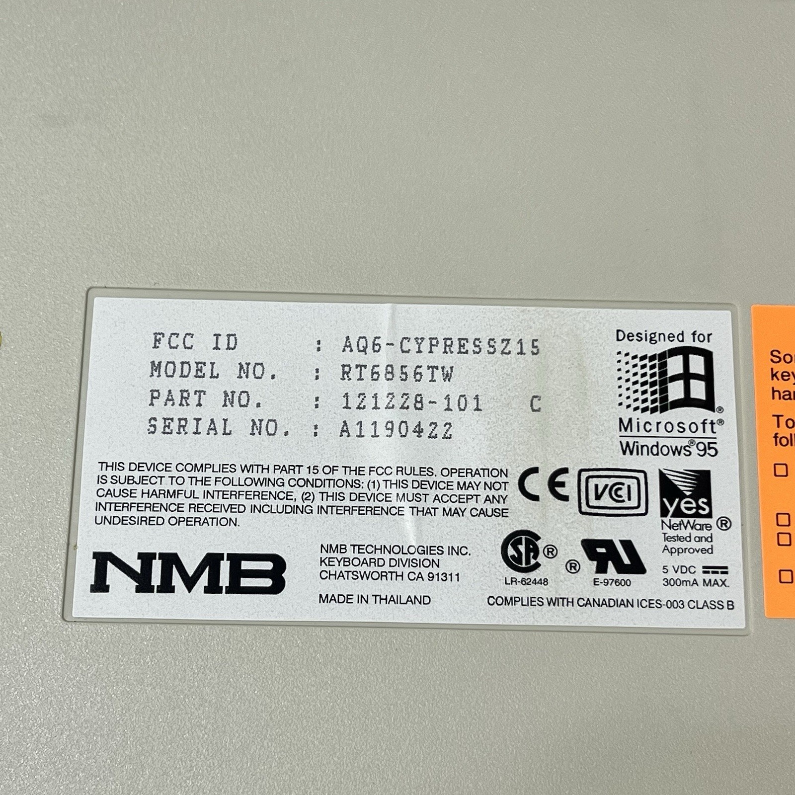 Wired Keyboard NMB Technologies RT6856TW Microsoft Windows 95 Vintage