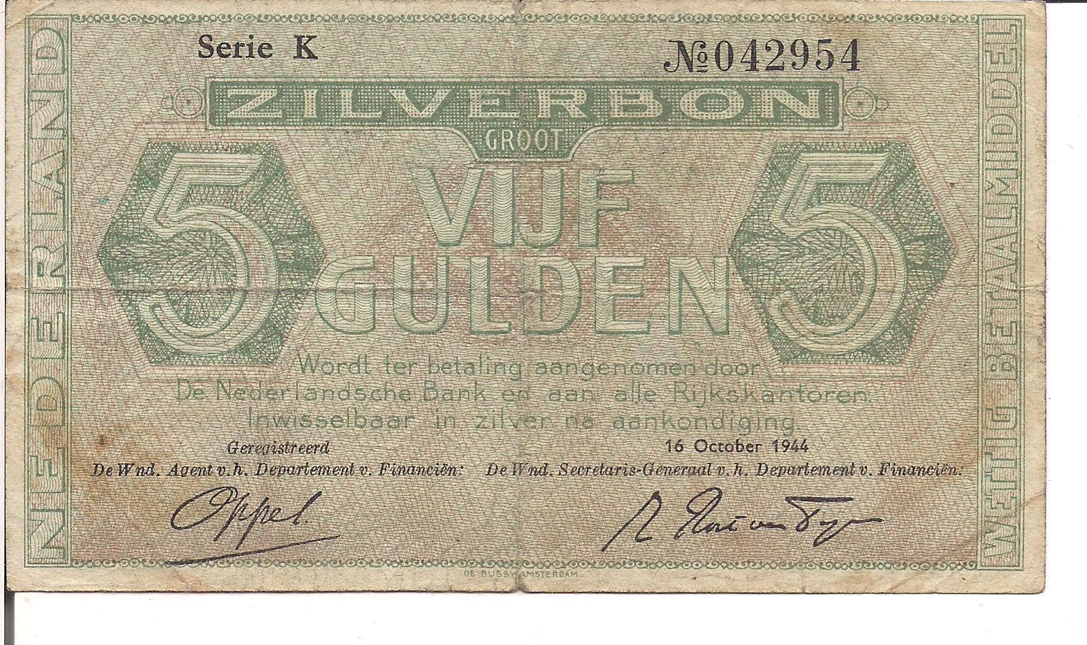 NETHERLANDS, 5  GULDEN, ZILVERBON, P#63, 1944