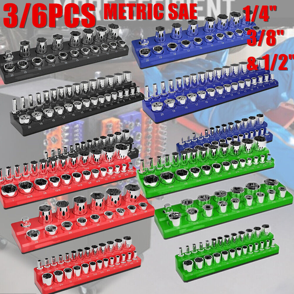 3/6PC Socket Organizer Storage Holder Set Magnetic 1/4 3/8 1/2 Metric SAE