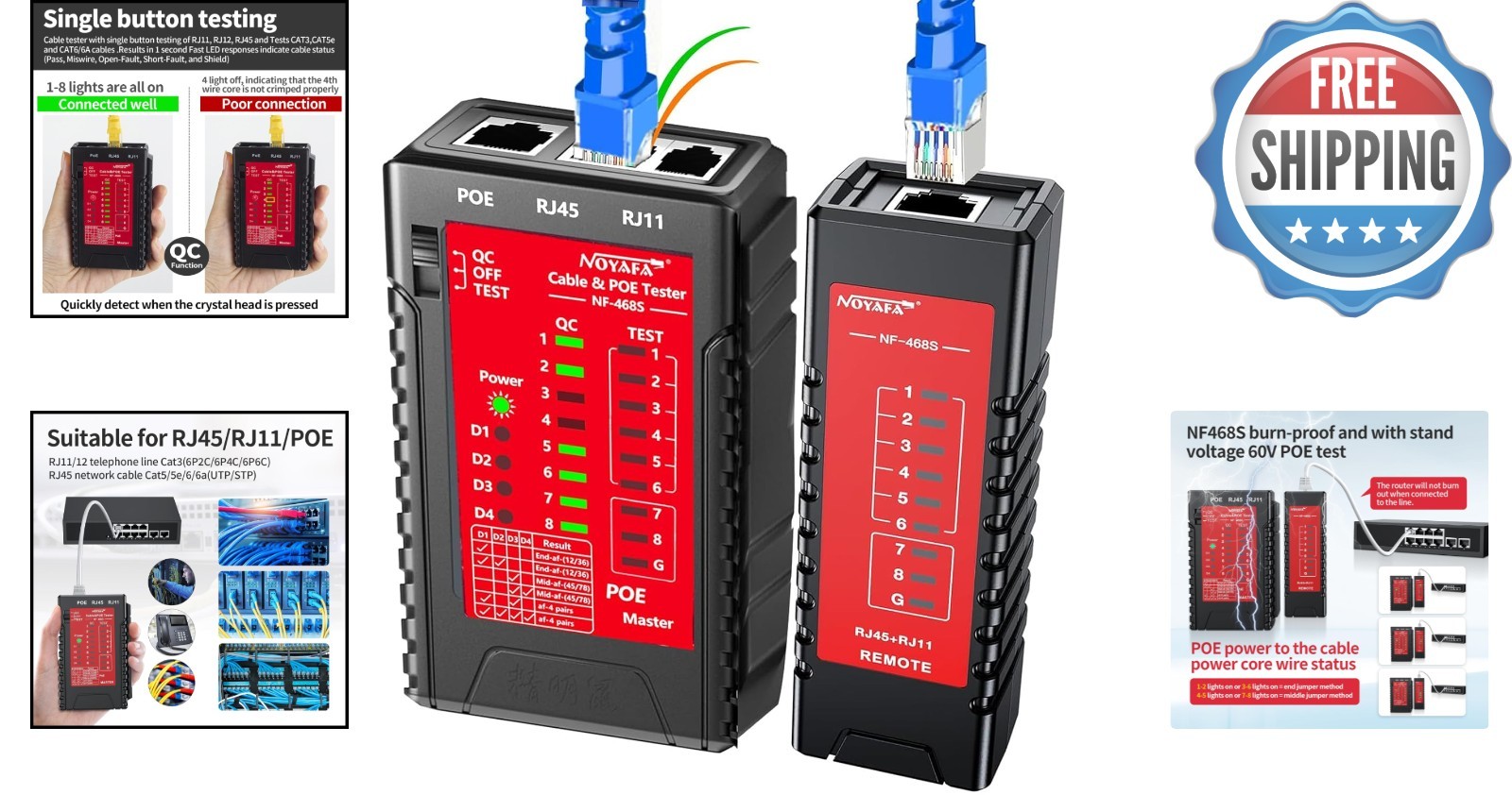 Professional Network Cable Tester for RJ45, RJ11 & PoE | Compact & LED Display