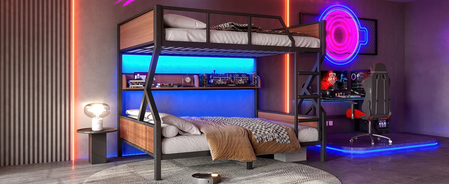 Metal Full over Full Bunk Bed with Storage Shelves Lights Space-saving Black New