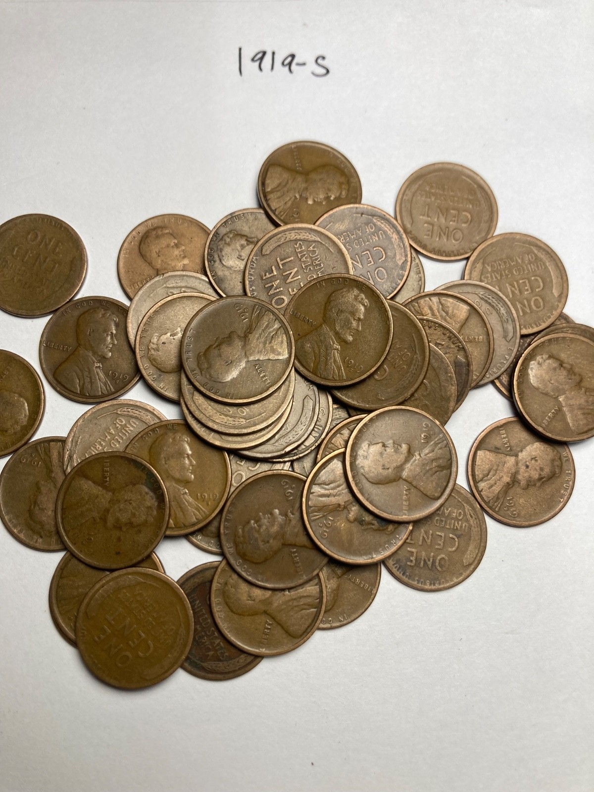 1919-S LINCOLN WHEAT CENT ROLL, 50 coins, G/VG condition
