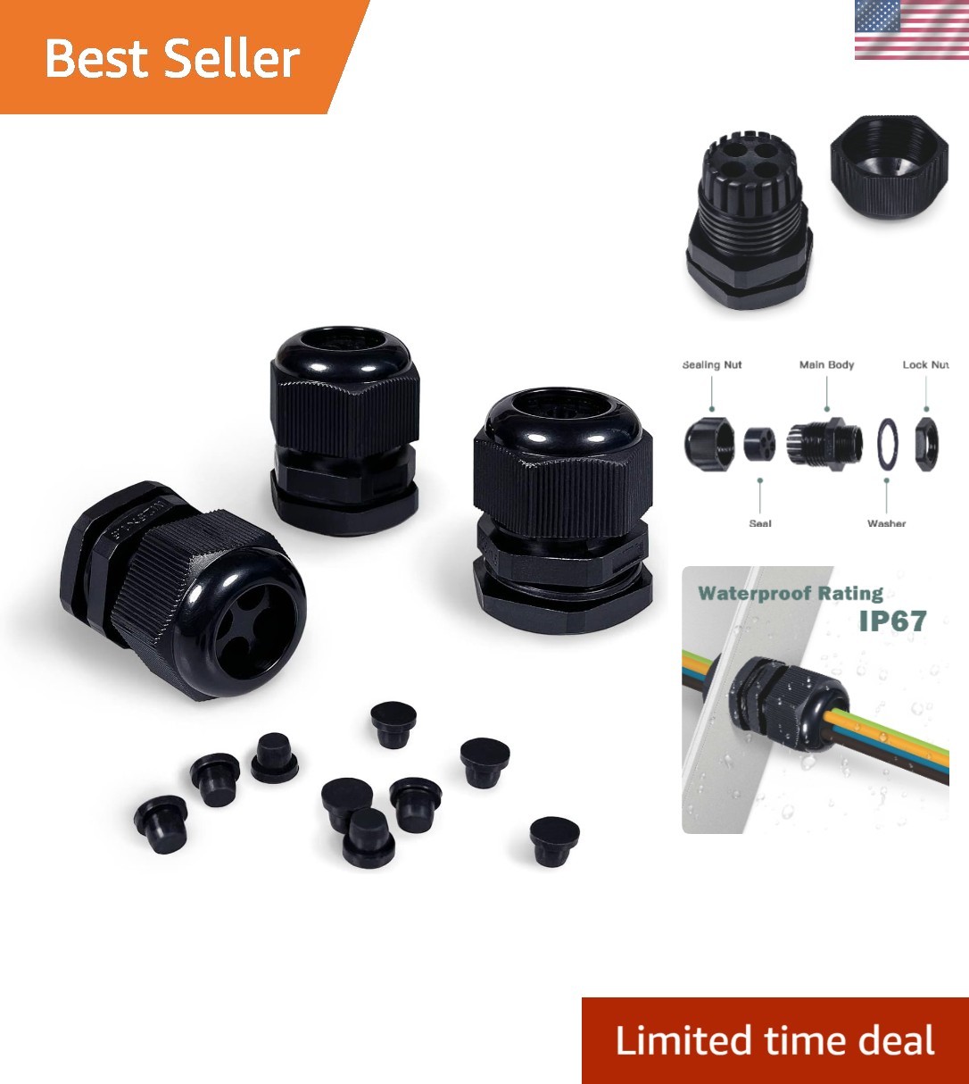Waterproof Multi-Hole Nylon Cable Glands for Electrical Enclosure 4 Holes 3pcs