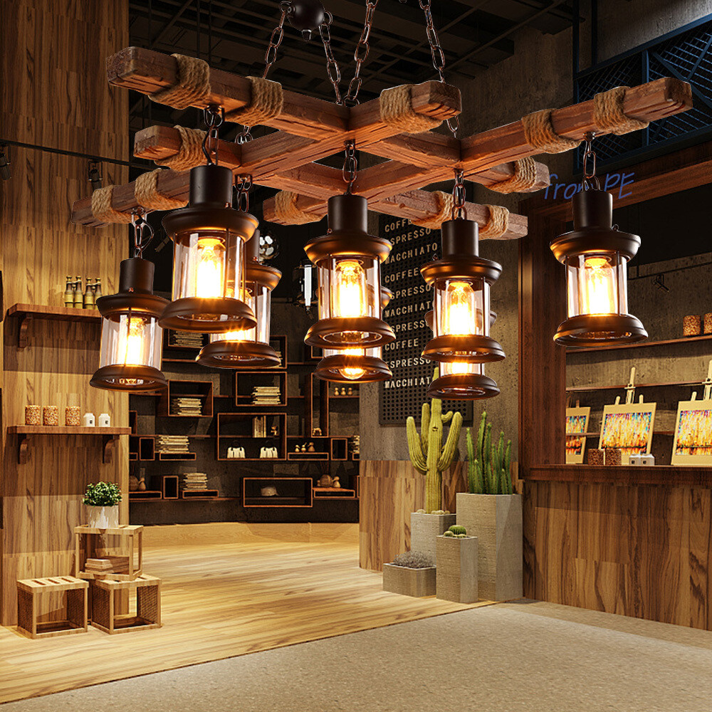 8-Head Wooden Farmhouse Chandelier Hanging Lamp Pendant Lighting Ceiling Fixture