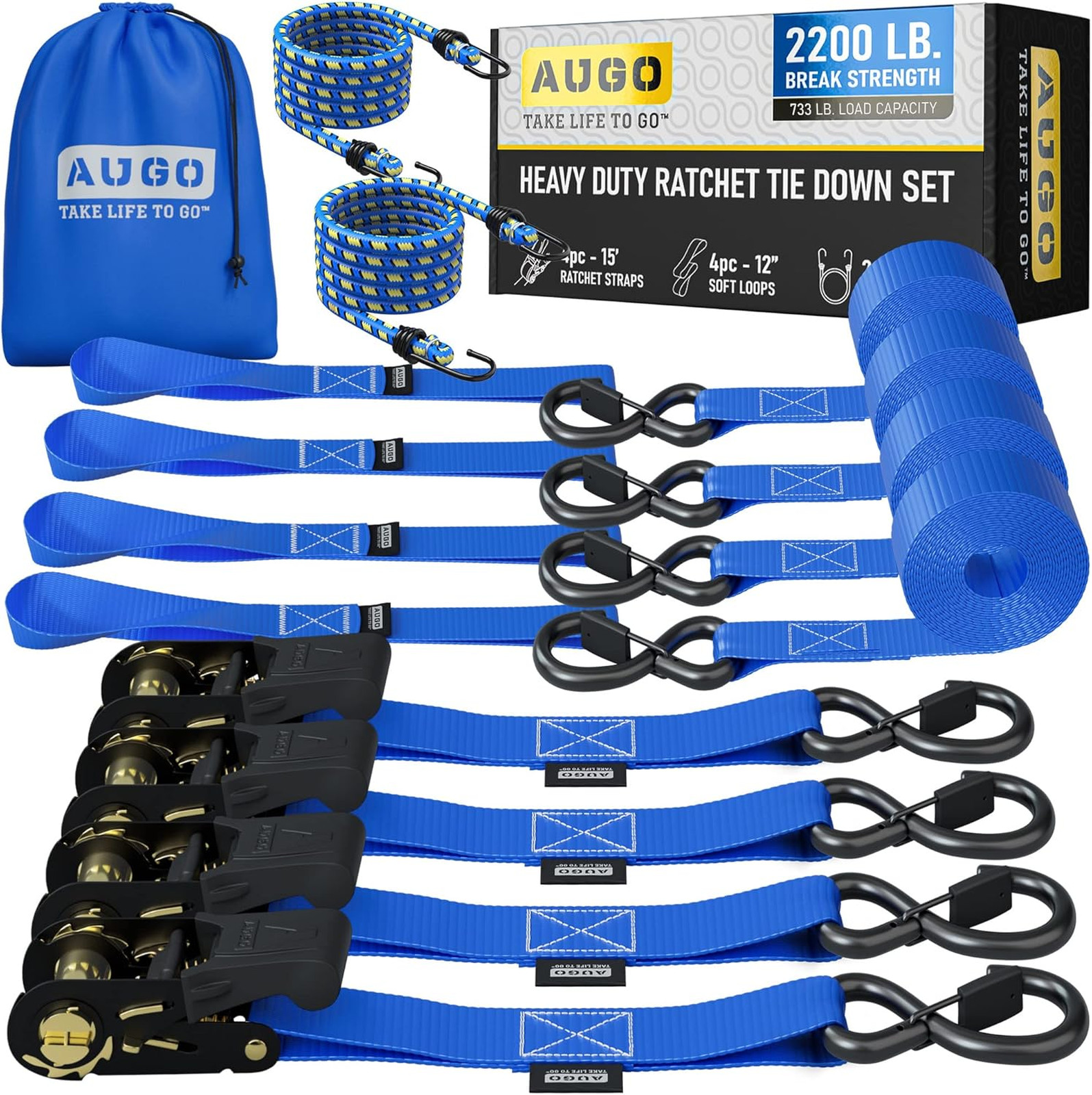 Heavy Duty Ratchet Straps 4 Pack 15 Ft 2200 LB Break Strength Cargo Tie Downs