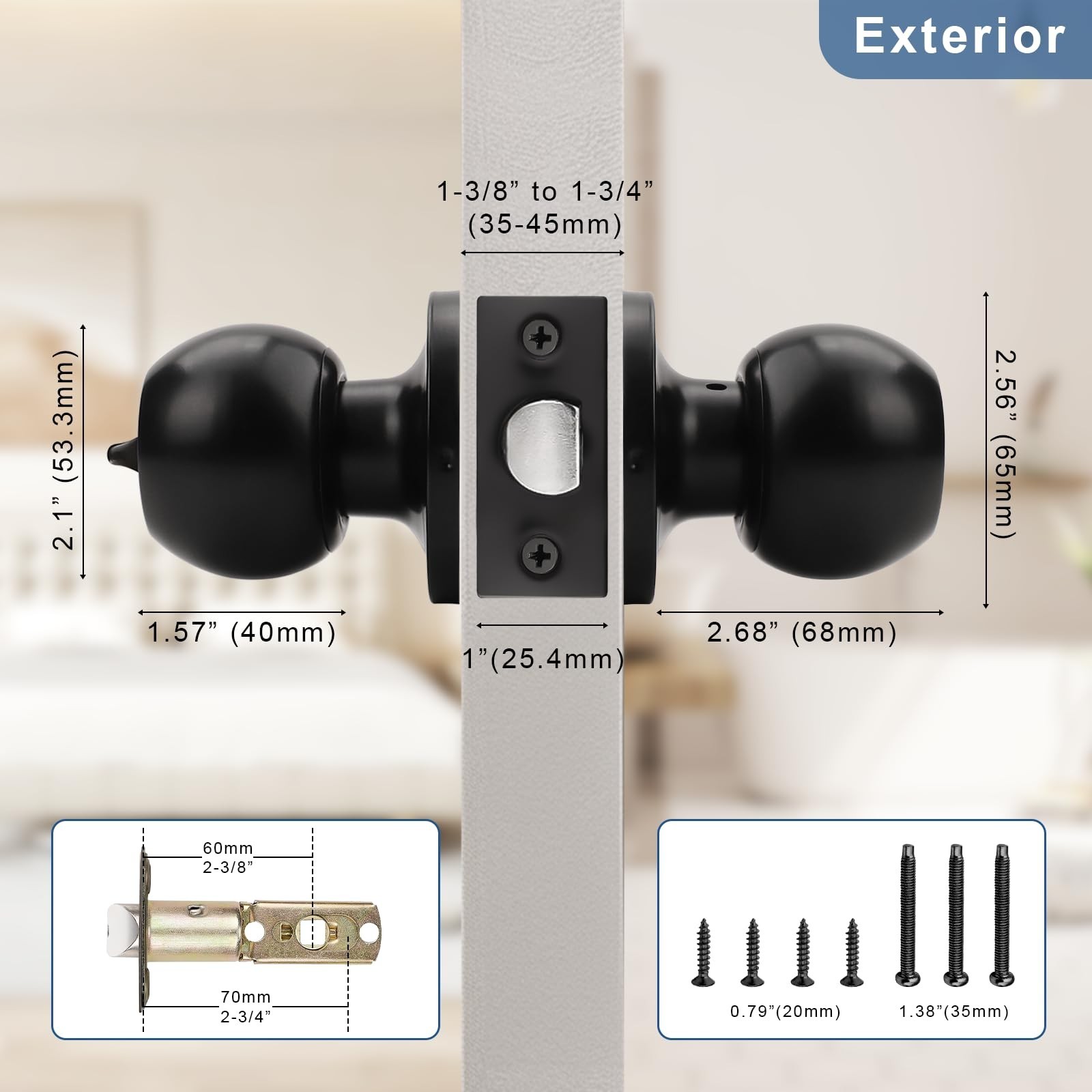 Knobonly 2 Pack Privacy Door Knobs Matte Black, Keyless Door Knobs Interior f...