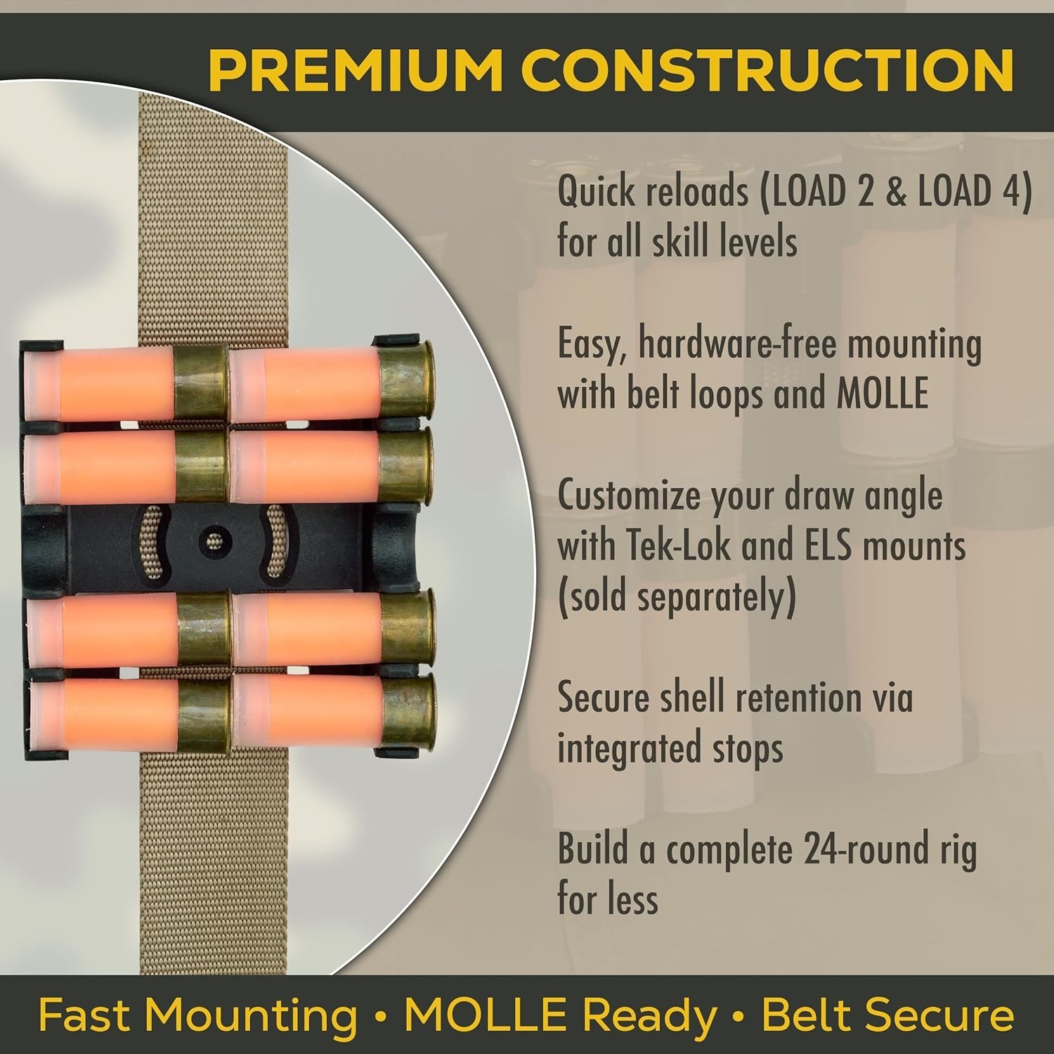 Lightweight Shotgun Shell Caddy with Integrated Shell Stops for Secure Storage