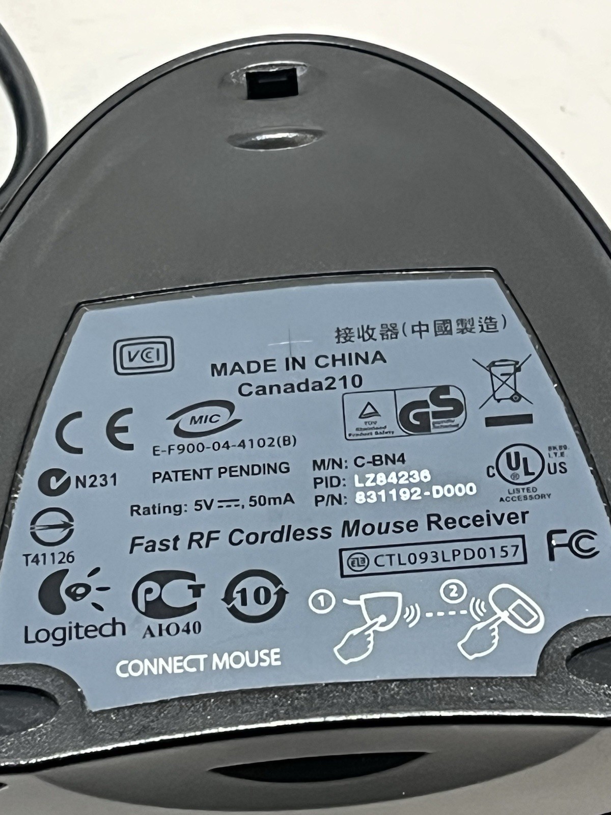 Logitech C-BN4 Fast RF Cordless USB Mouse Receiver P/N: 831192 D000