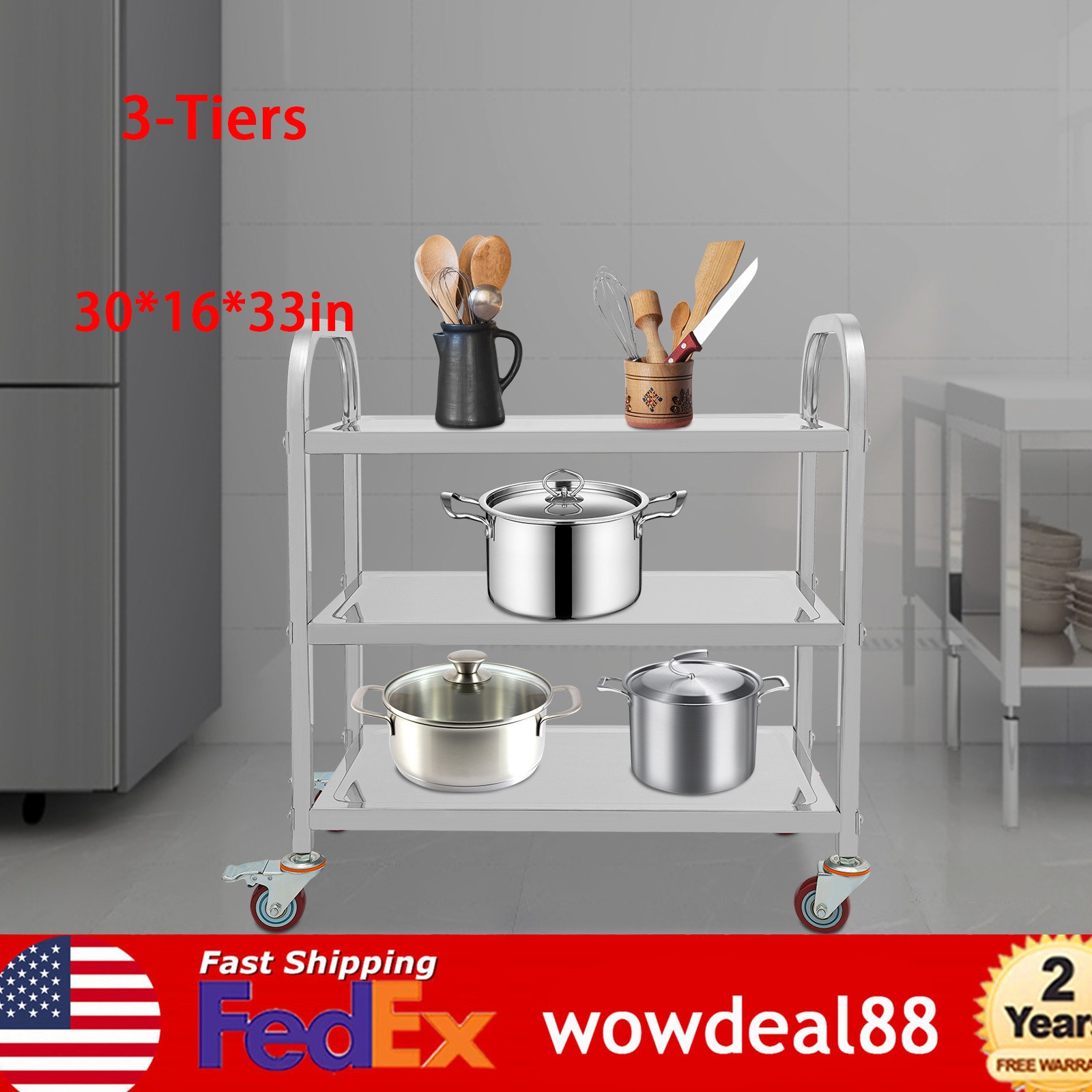 3-Tier Kitchen Trolley Cart Utility Serving Rolling Shelf Stainless Steel 250lbs
