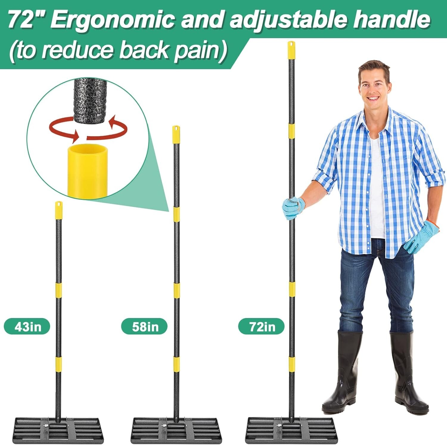 Effortless Lawn Leveling Rake – 72" Stainless Steel Handle with Rounded Edges