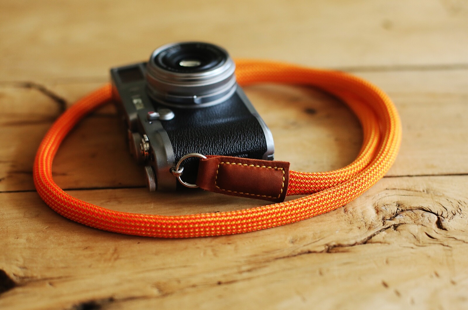 Handmade camera neck shoulder strap orange strong climbing rope