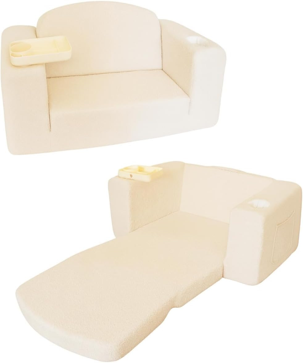 Extra Wide Toddler Lounge Chair with Cup Holders - 2-in-1 Couch & Bed