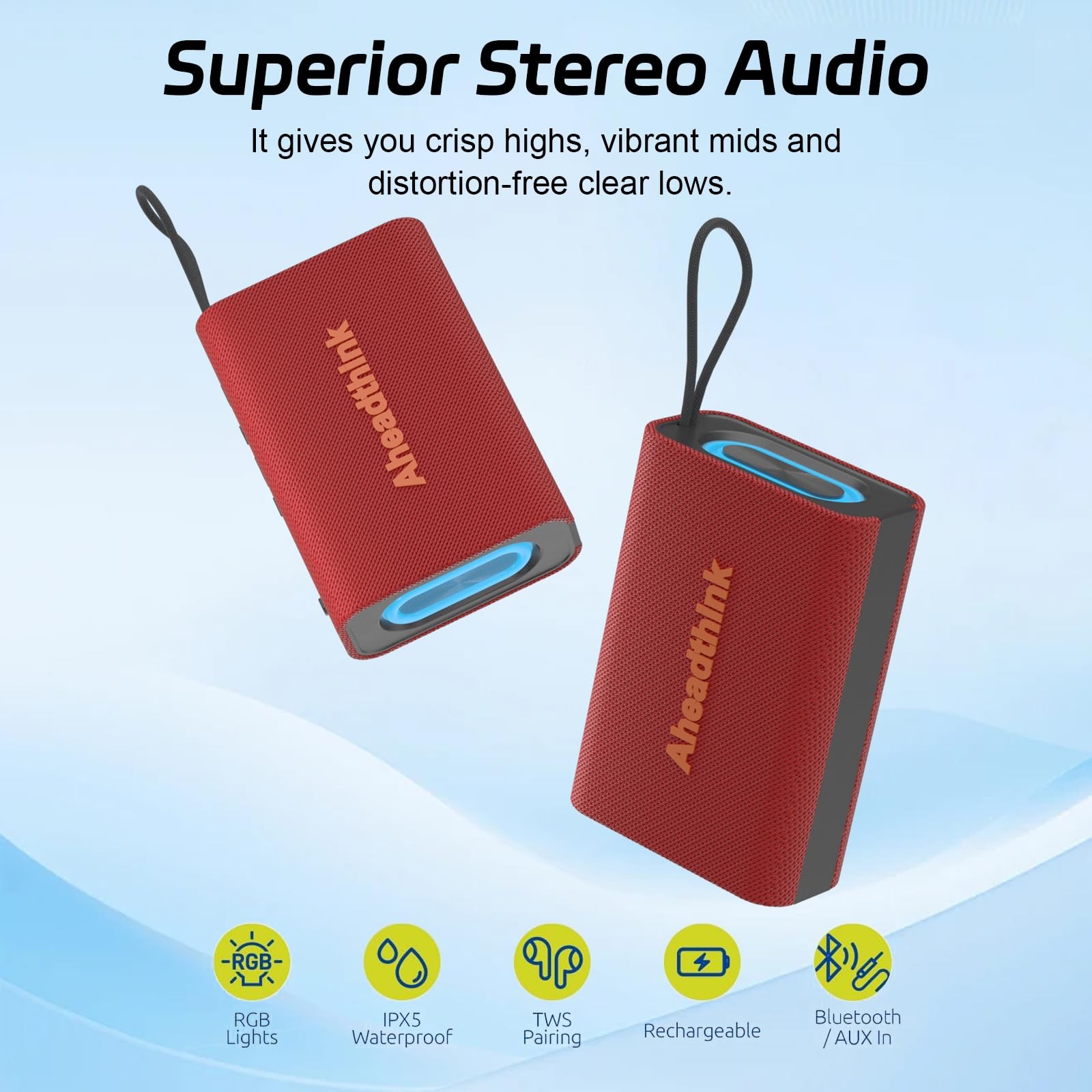 Aheadthink Bluetooth Speaker, Portable Wireless, IPX5 Waterproof, Red