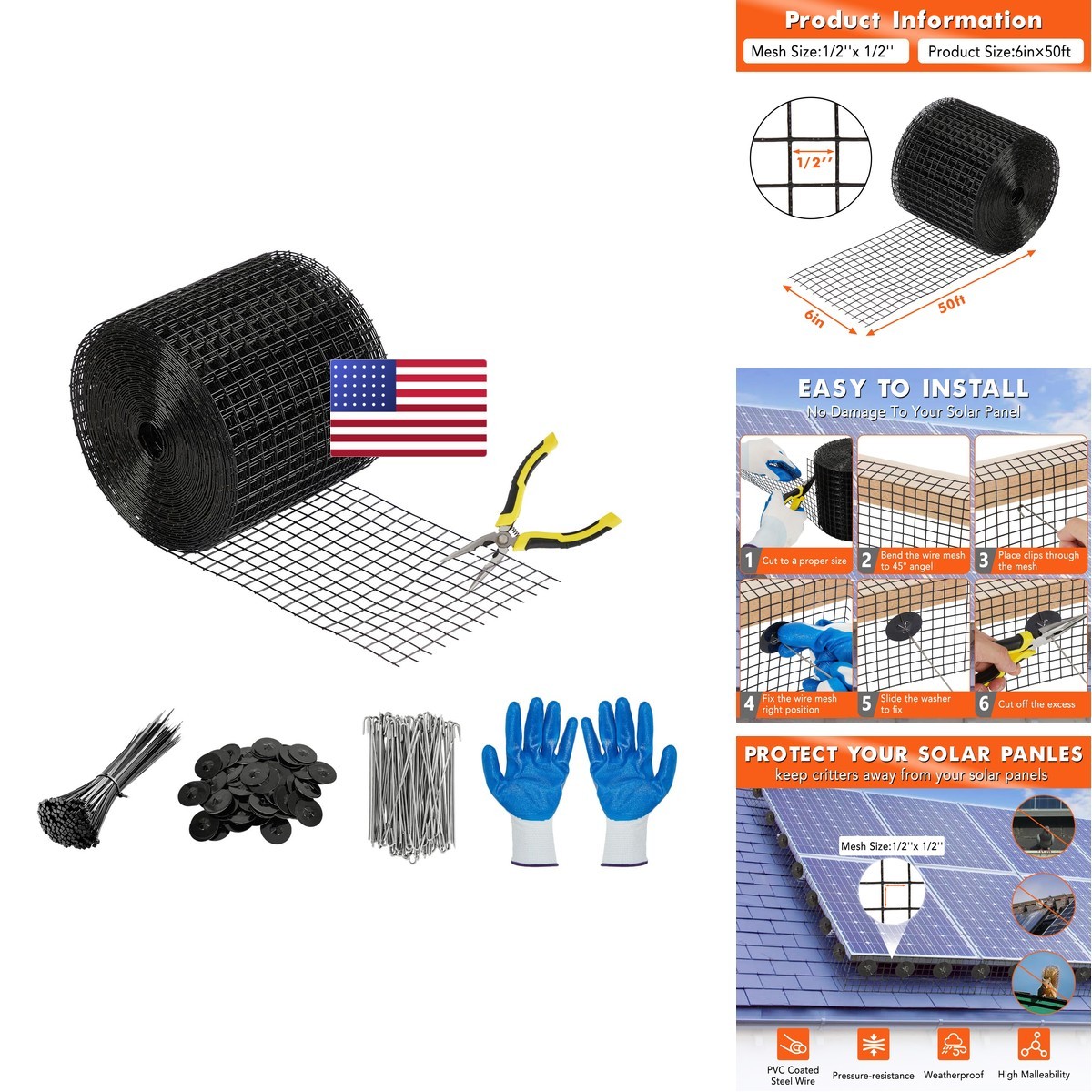 Gaomon 6In X 50Ft Solar Panel Guard Kit Pvc Coated Wire Mesh Complete