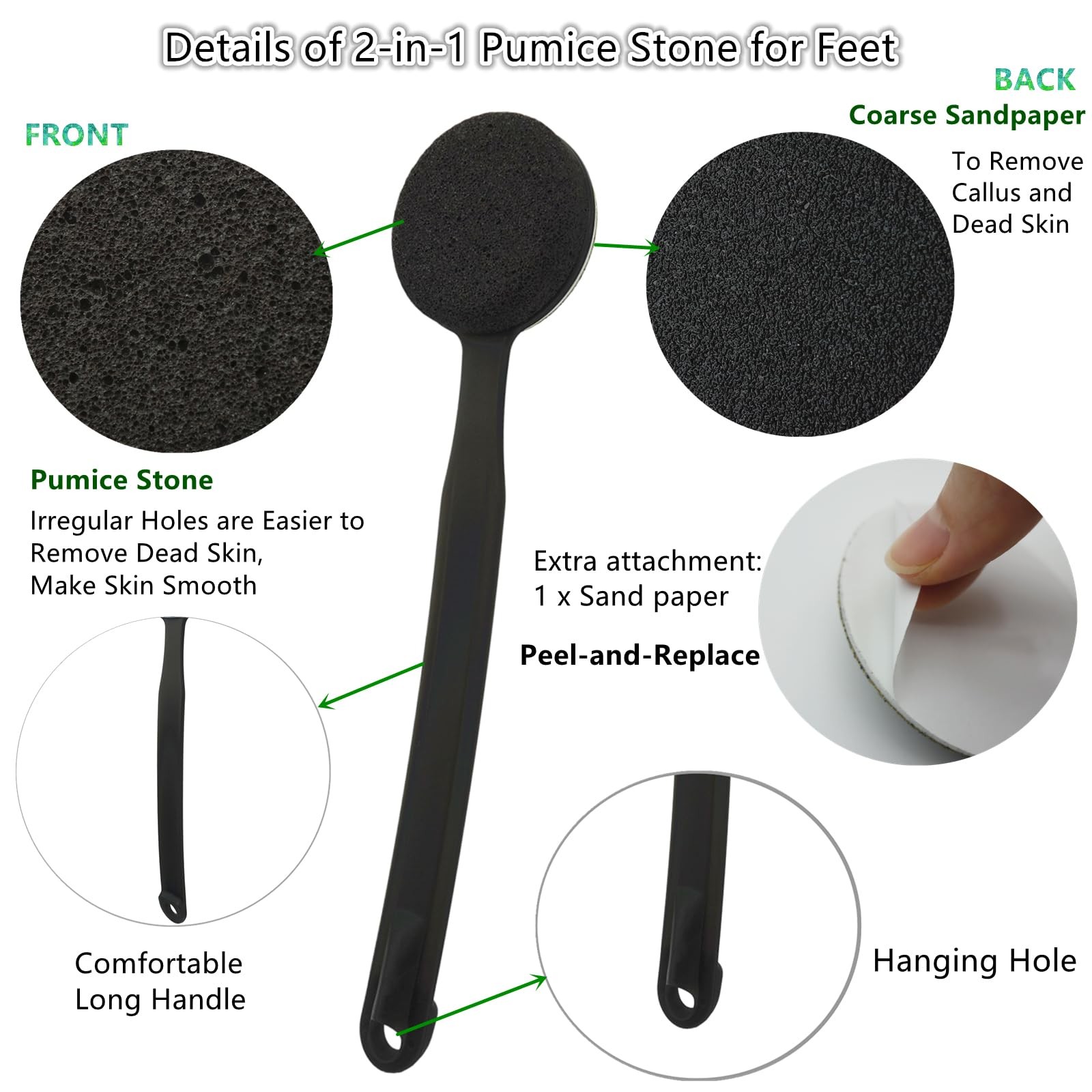 Double Sided Pumice Stone 13.7" Long Handle - Callus Remover & Exfoliator