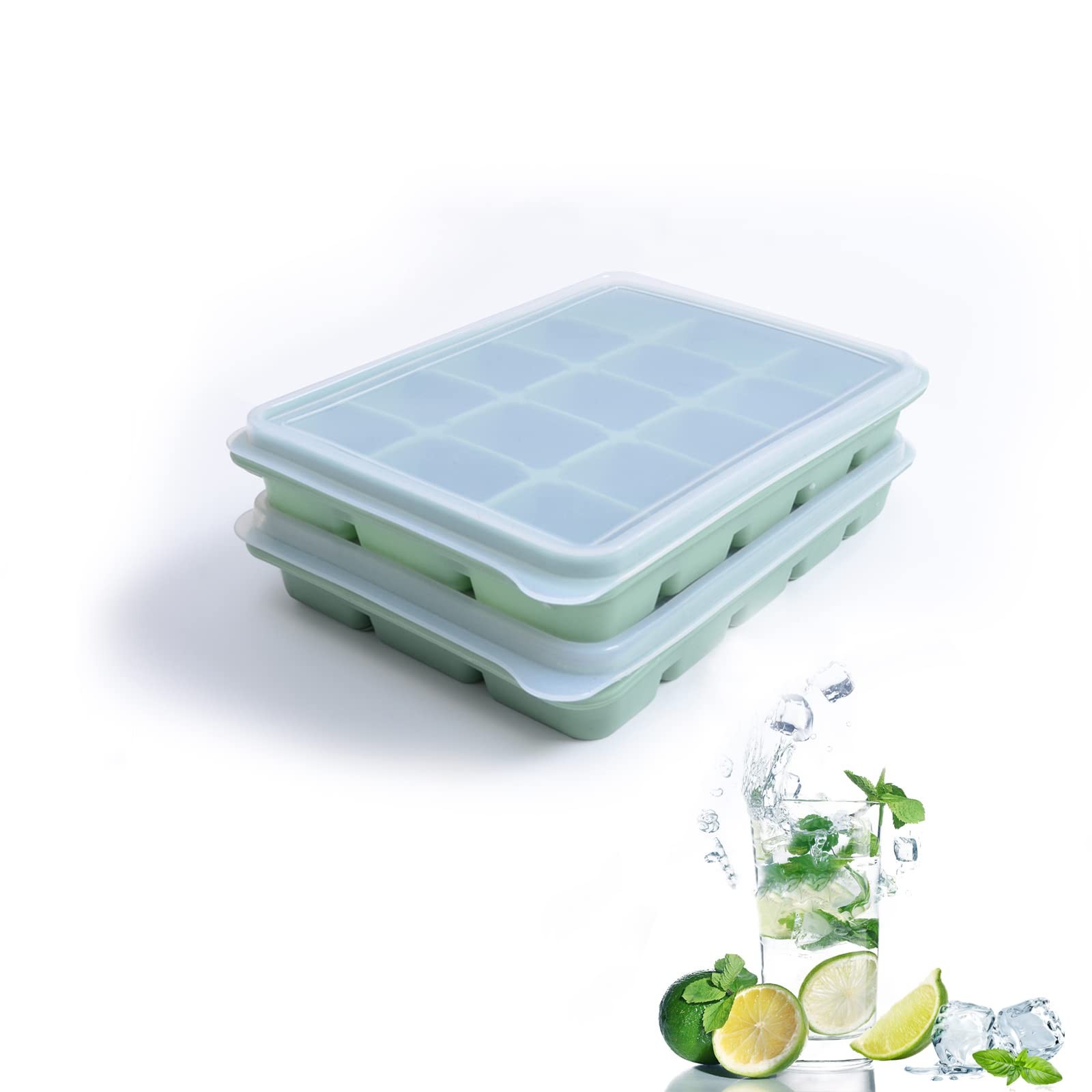 Set of 2 Silicone Ice Cube Trays with Lid, Flexible, Stackable, Green