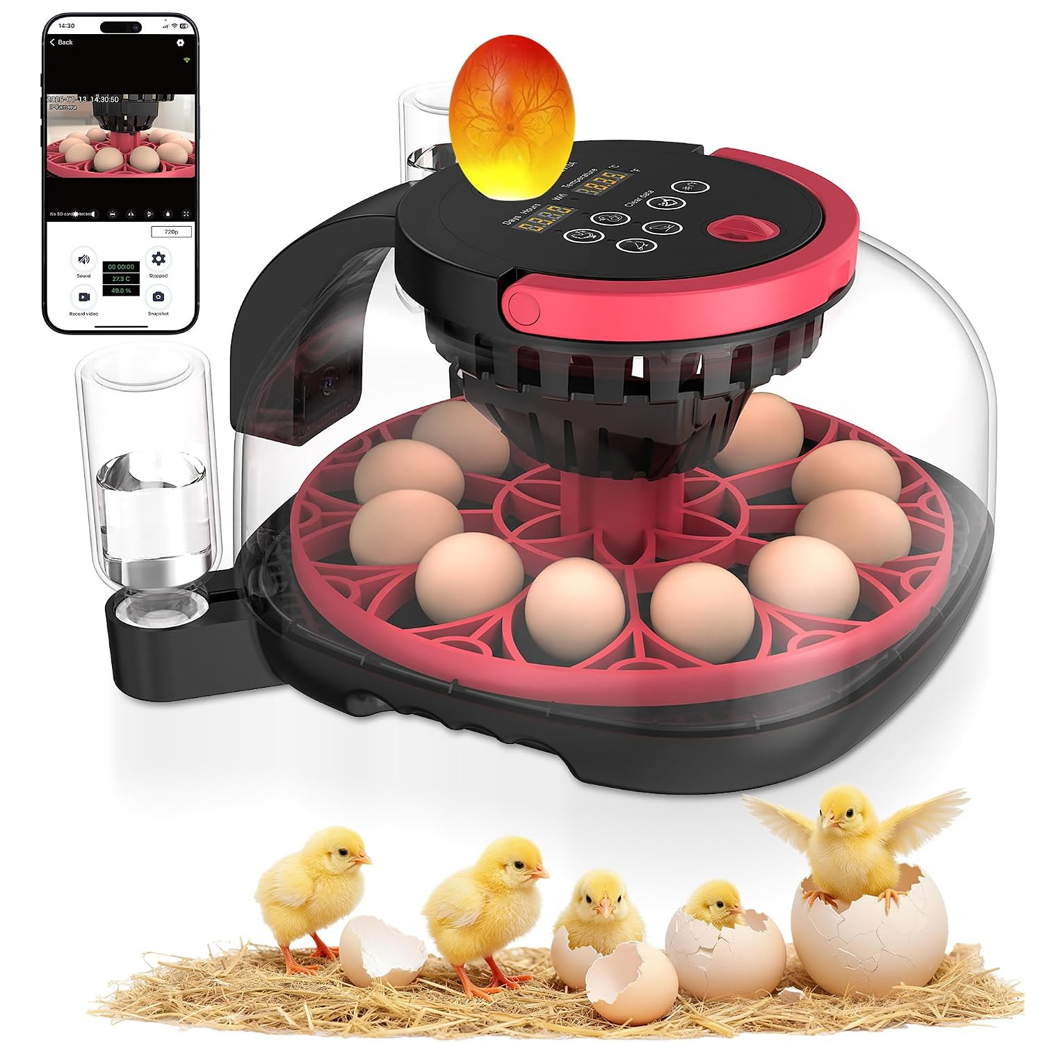 Full Automatic 12 Egg Incubator with APP Control & Video Record, Automatic Egg T