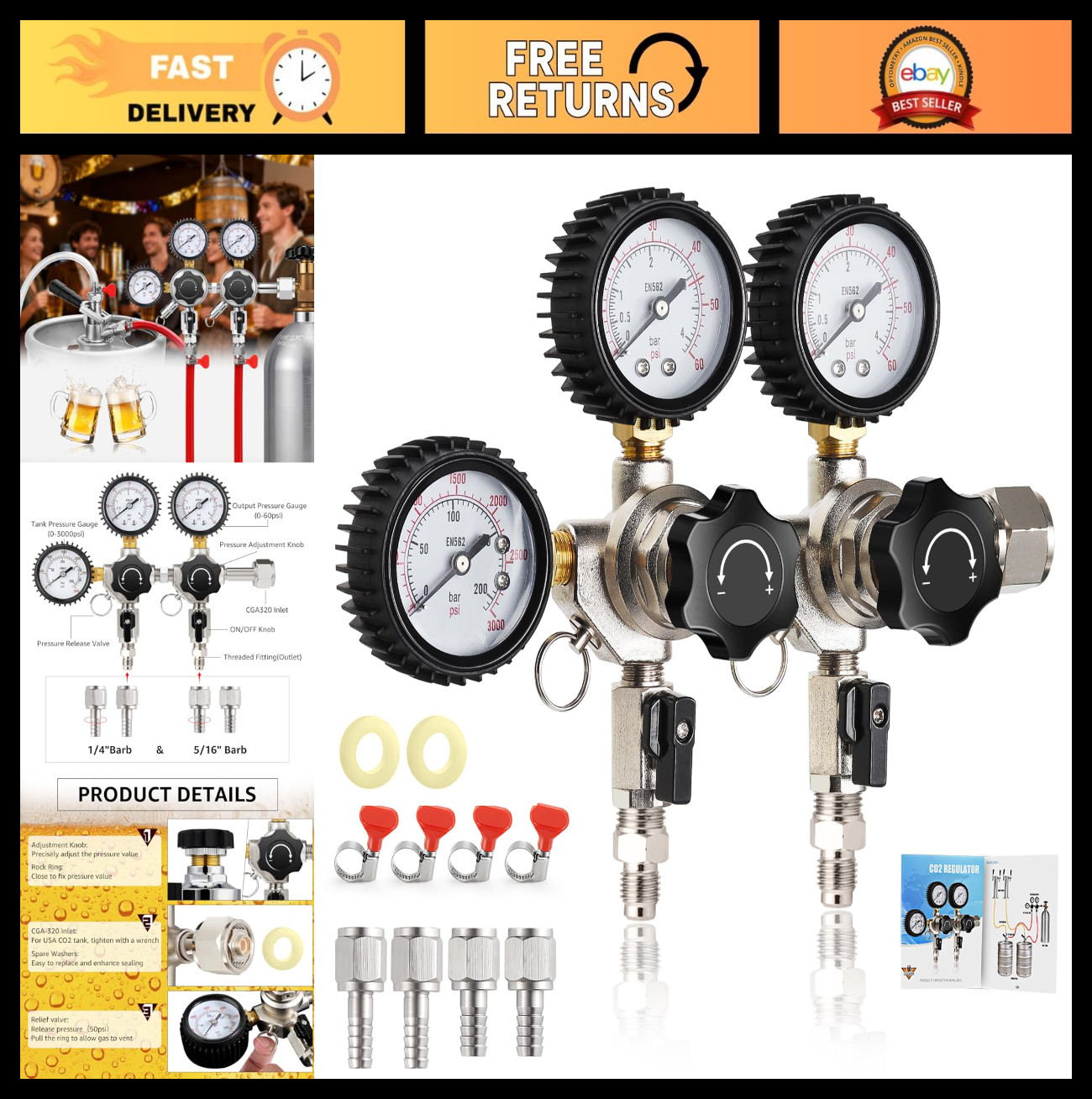 Dual Output CO2 Regulator for Kegs - CGA-320 Draft Beer Regulator, Quick Disconn
